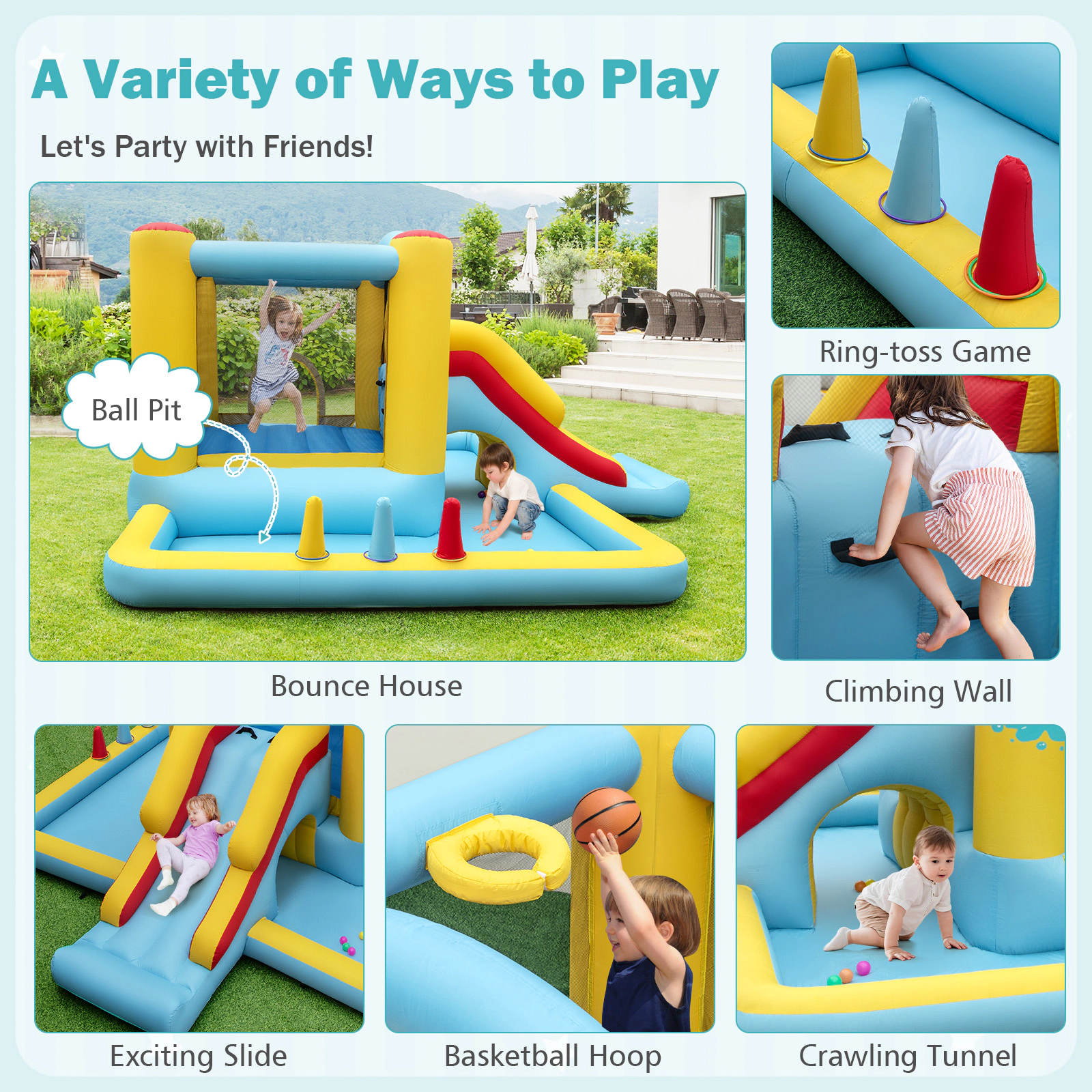 7-in-1 Inflatable Bounce House Bouncy Castle with Slide Crawl Tunnel Ball Pit 50 Ocean Balls and 550W Blower