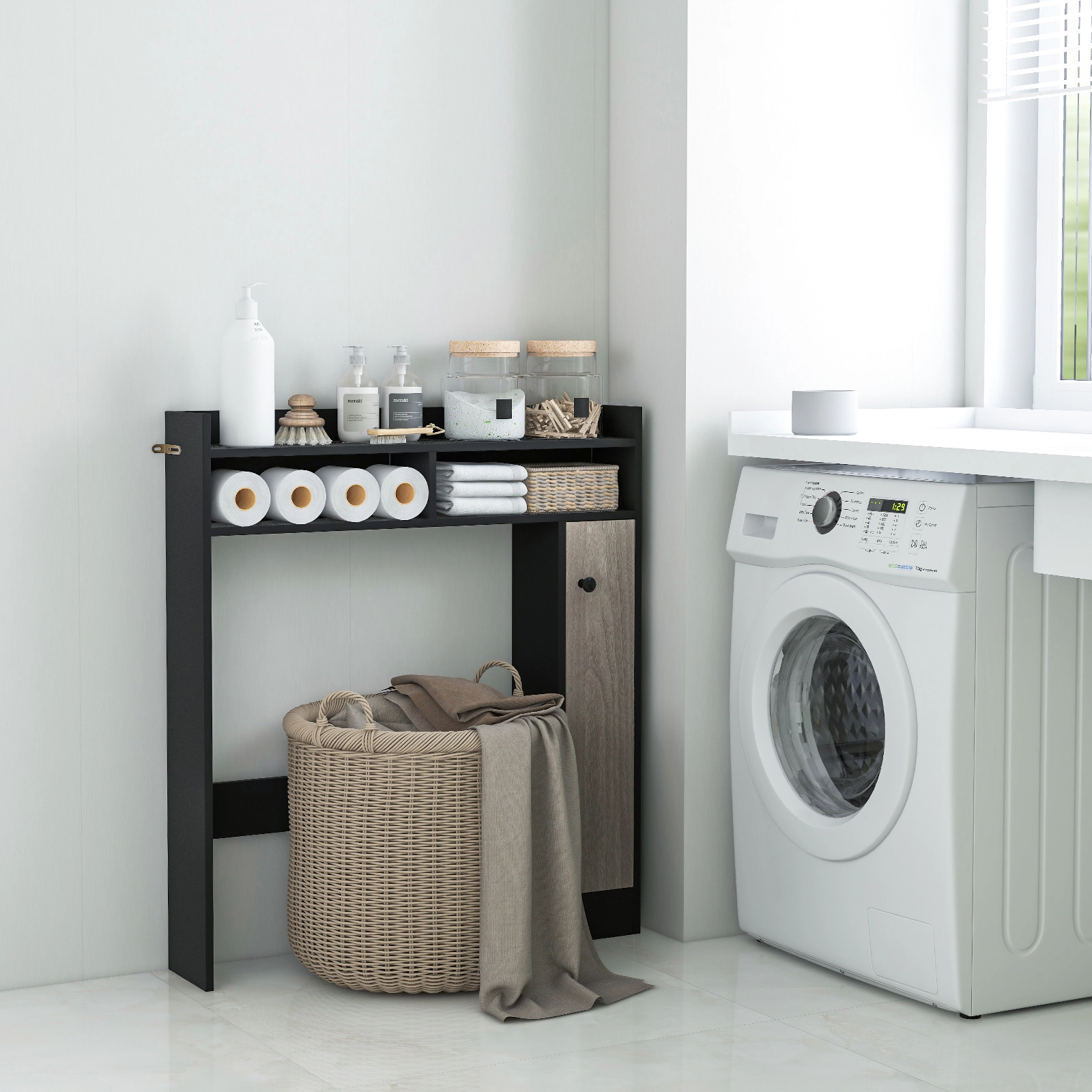 SUGIFT Over the Toilet Storage Organizer Black with Adjustable Bottom Bar and Cabinet