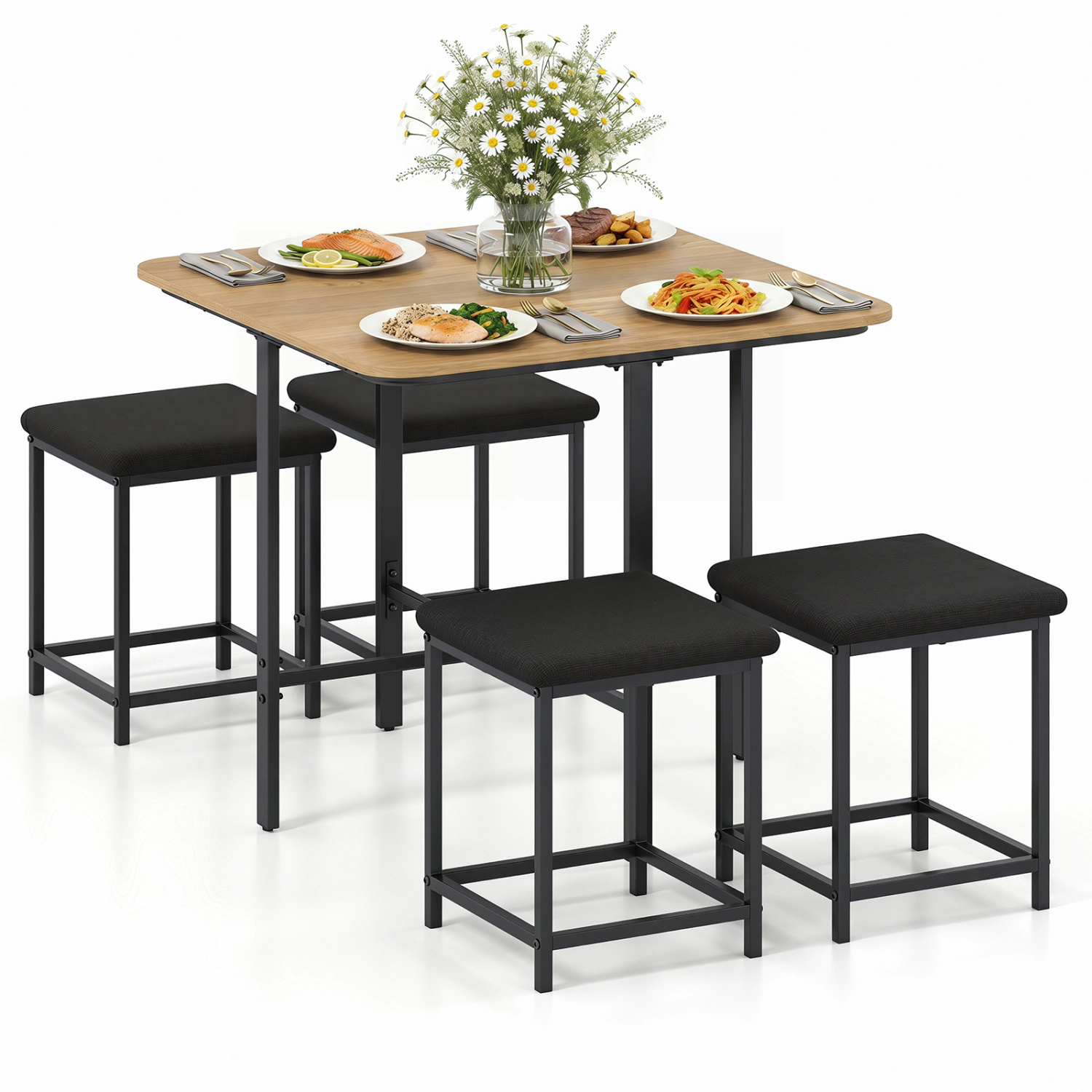 LJG Dining Table Set with 4 Upholstered Stools and Metal Frame