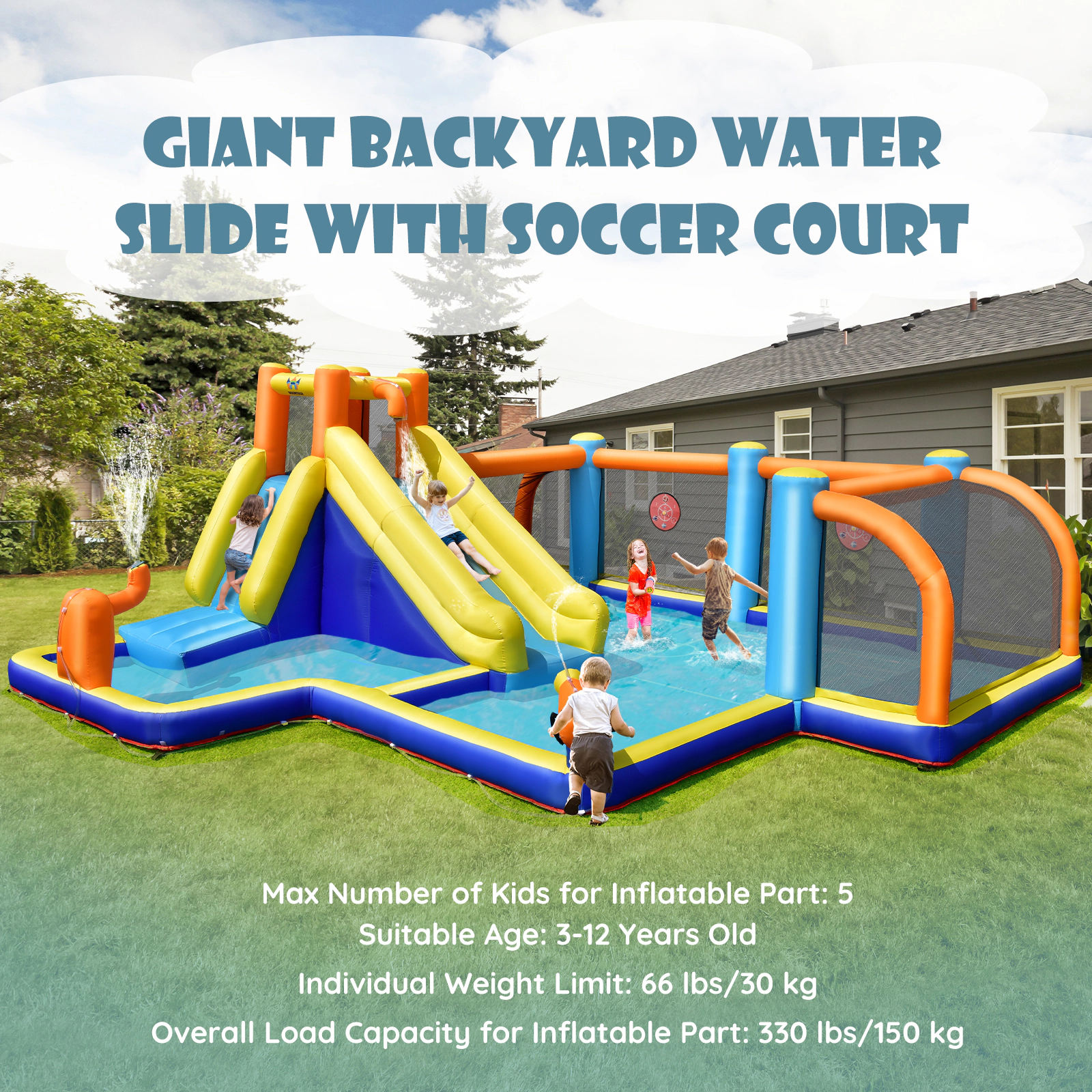 LJG Kids Giant Soccer-Themed Inflatable Water Slide with 735W Blower
