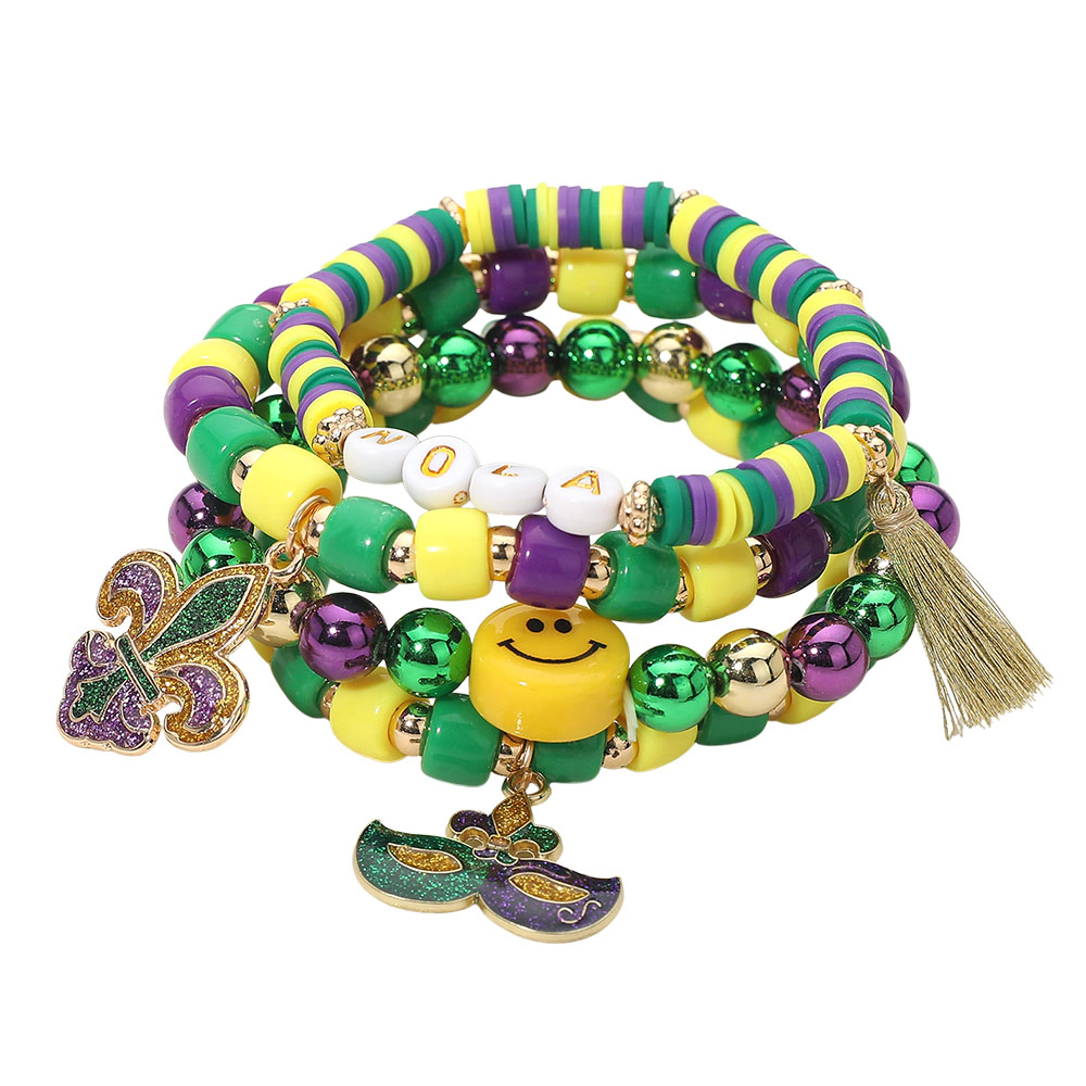 FASHNZFAB 4PCS - Mardi Gras Eye Mask Fleur de Lis Charm Smile Beaded Stretch Multi Layered Bracelets