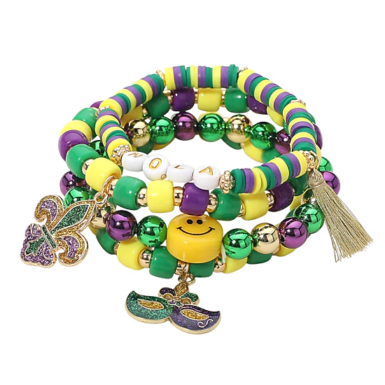 FASHNZFAB 4PCS - Mardi Gras Eye Mask Fleur de Lis Charm Smile Beaded Stretch Multi Layered Bracelets
