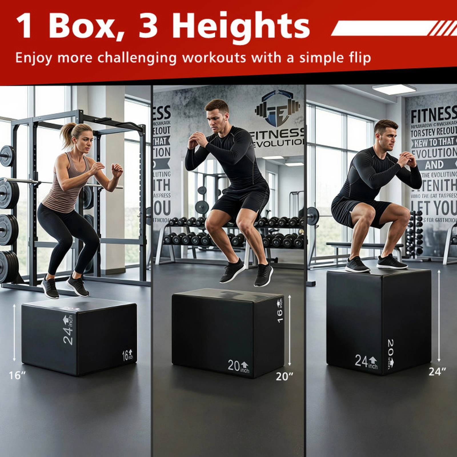SUGIFT 3-in-1 Black Foam Plyo Box with Anti-Slip PU Cover 24-in W 20-in D 16-in H 330-lb Platform Capacity