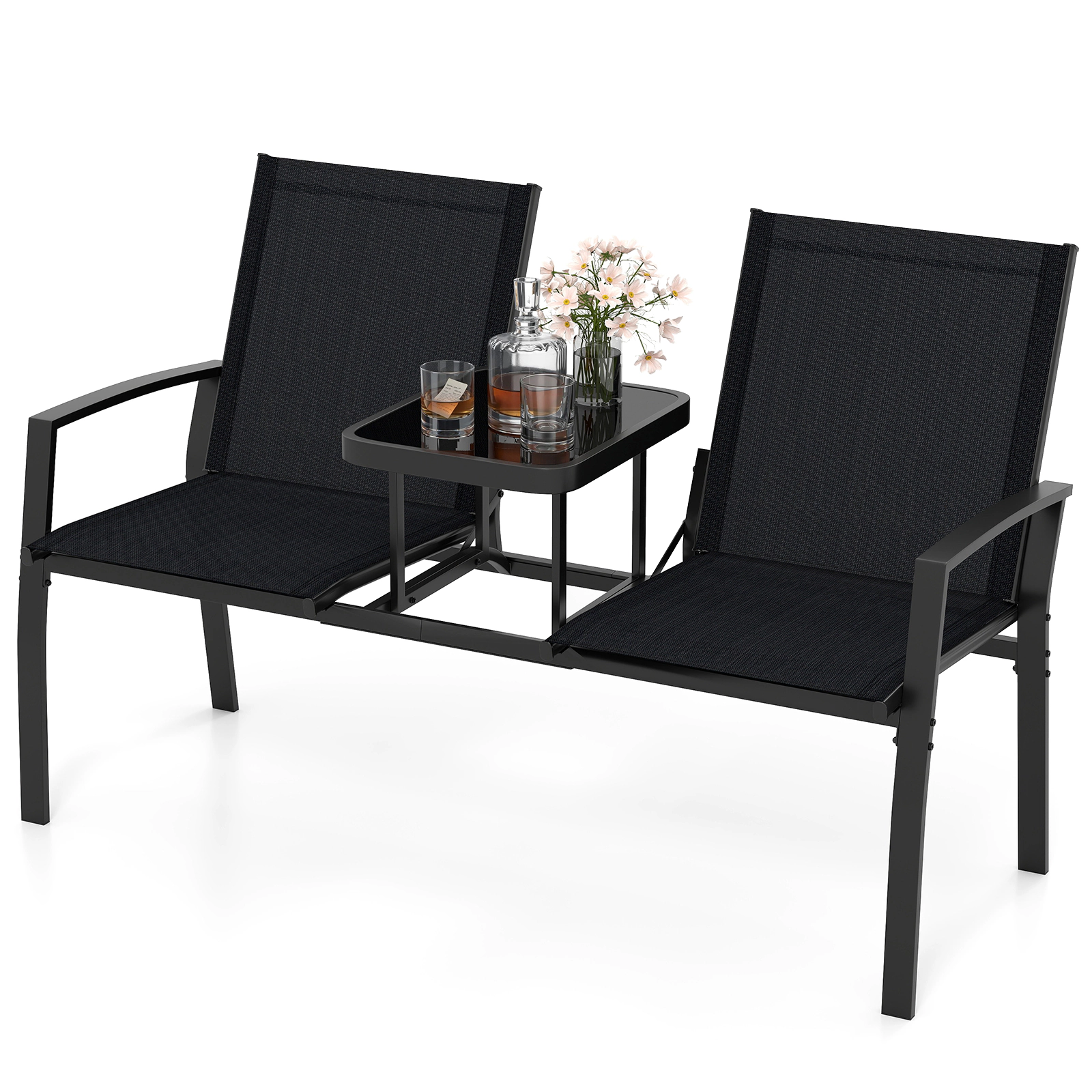 LJG Patio Loveseat with Built-in Table with Breathable Fabric Back