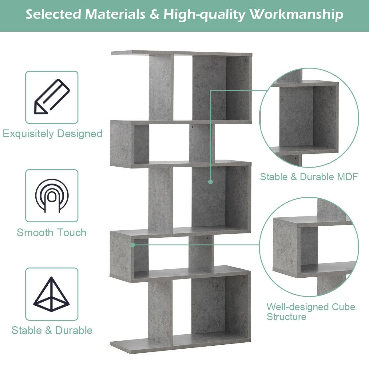 Slickblue 5 Tier Freestanding Bookshelf With Uneven Open Cubes