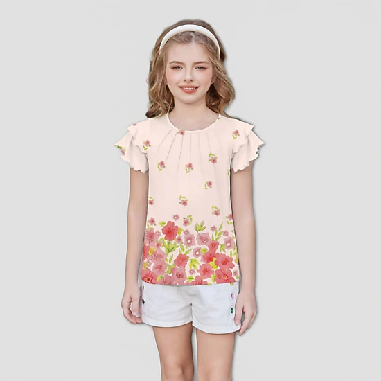 Arshiner Girl's Crewneck Pleated Ruffle Short Sleeve T-Shirt