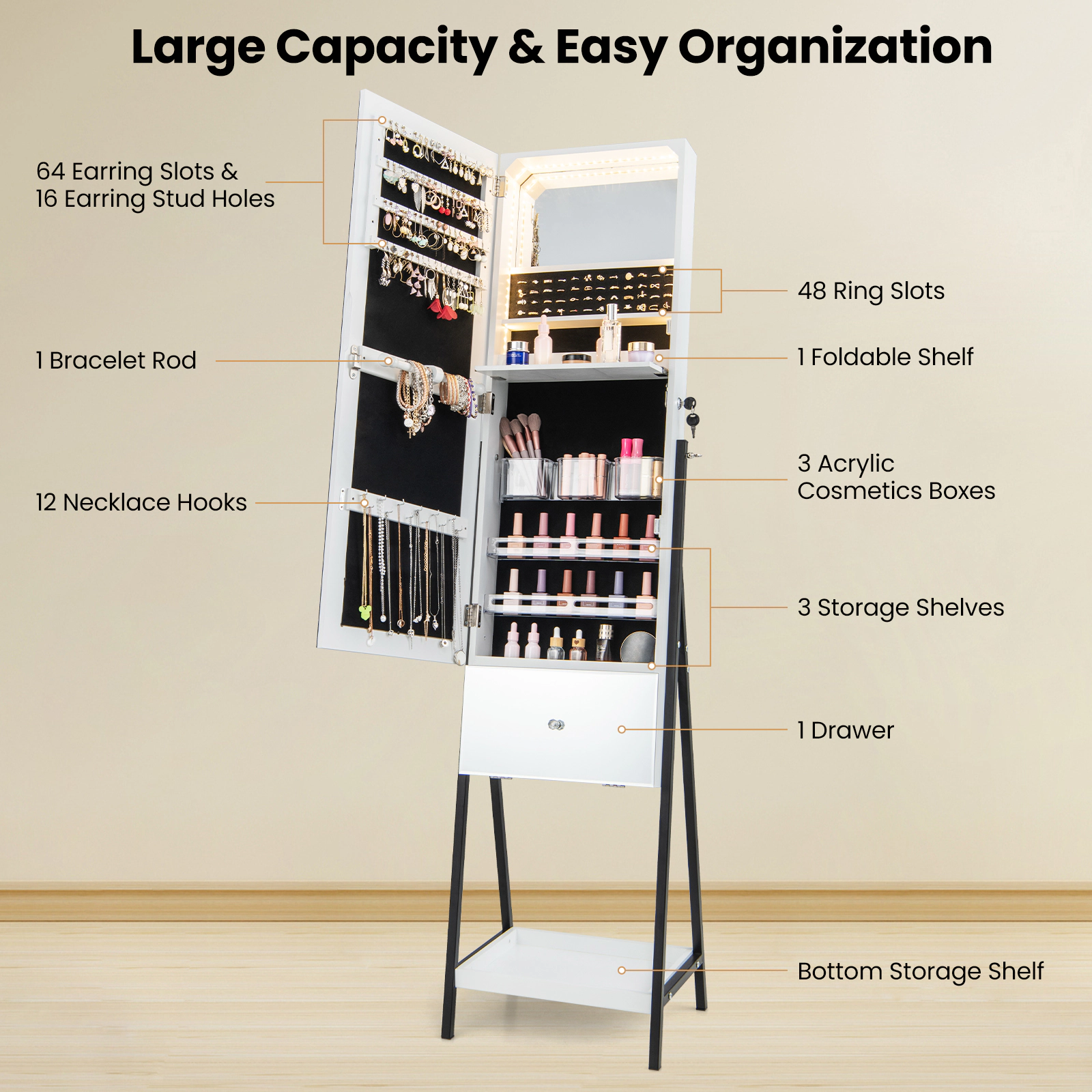 Slickblue 65 Inch Freestanding Lockable Jewelry Cabinet with Full-Length Mirror, LED Lights and Storage Drawer