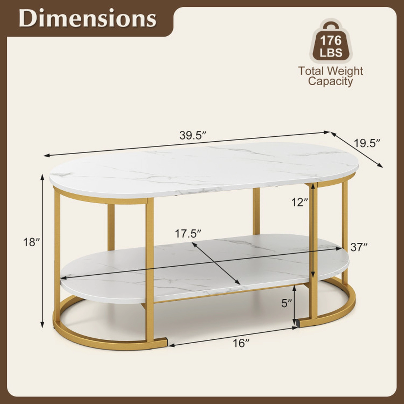 SUGIFT 39.5-in 176-lb Capacity White Faux Marble 2-Tier Coffee Table with Gold Metal Frame and Storage Shelf