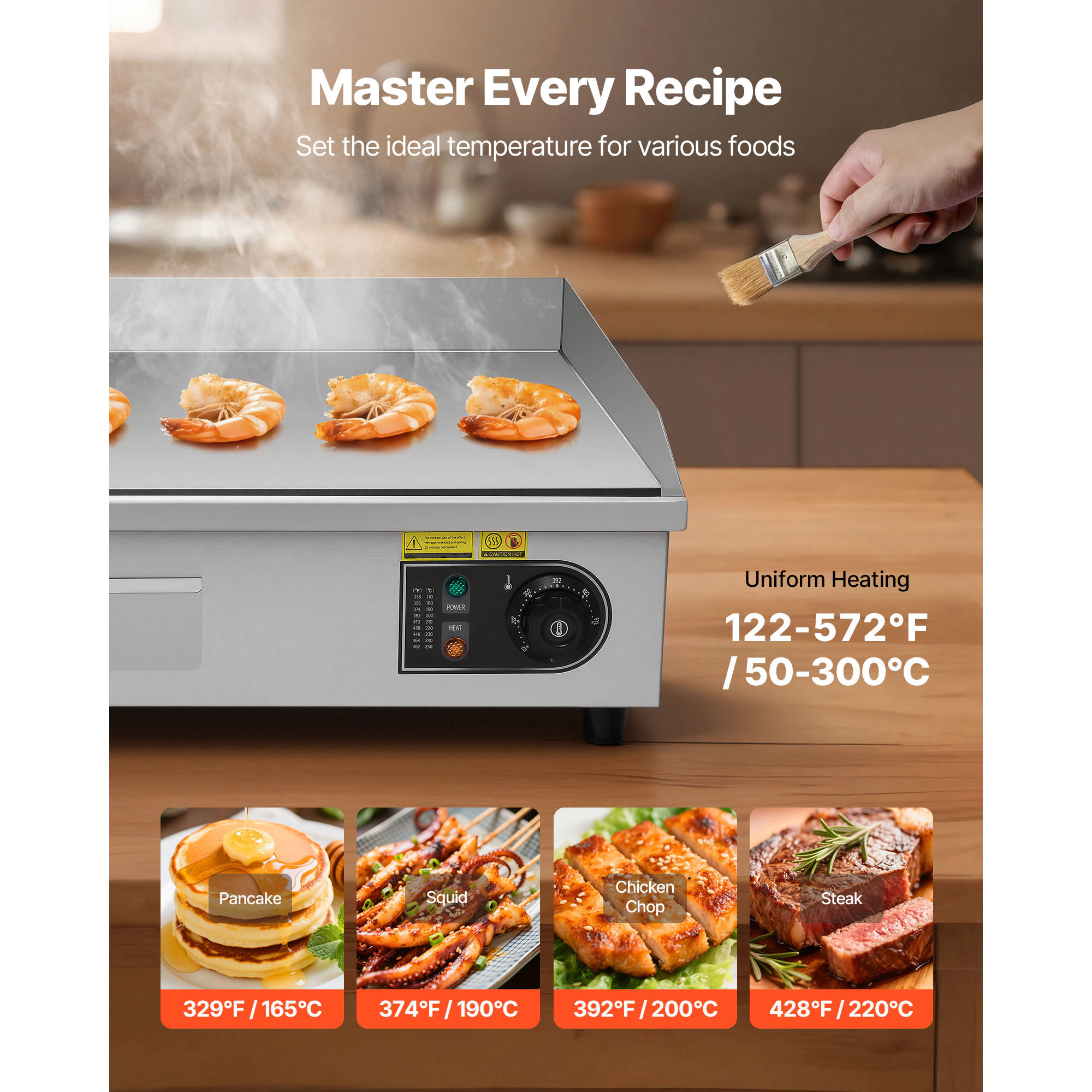 HONGGE Commercial Electric Griddle, 122-570°F Adjustable Temp Control, Stainless Steel, with 2 Spatulas, 2 Brushes