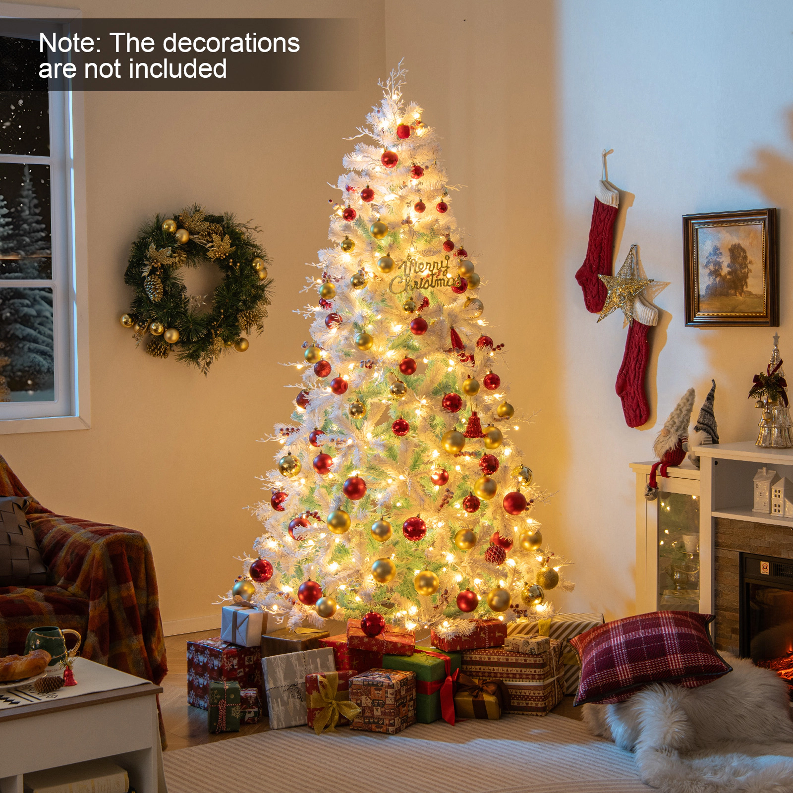 SUGIFT 7 ft Pre-Lit Snow Flocked Christmas Tree White with 350 LED Lights and 41 Red Berry Clusters