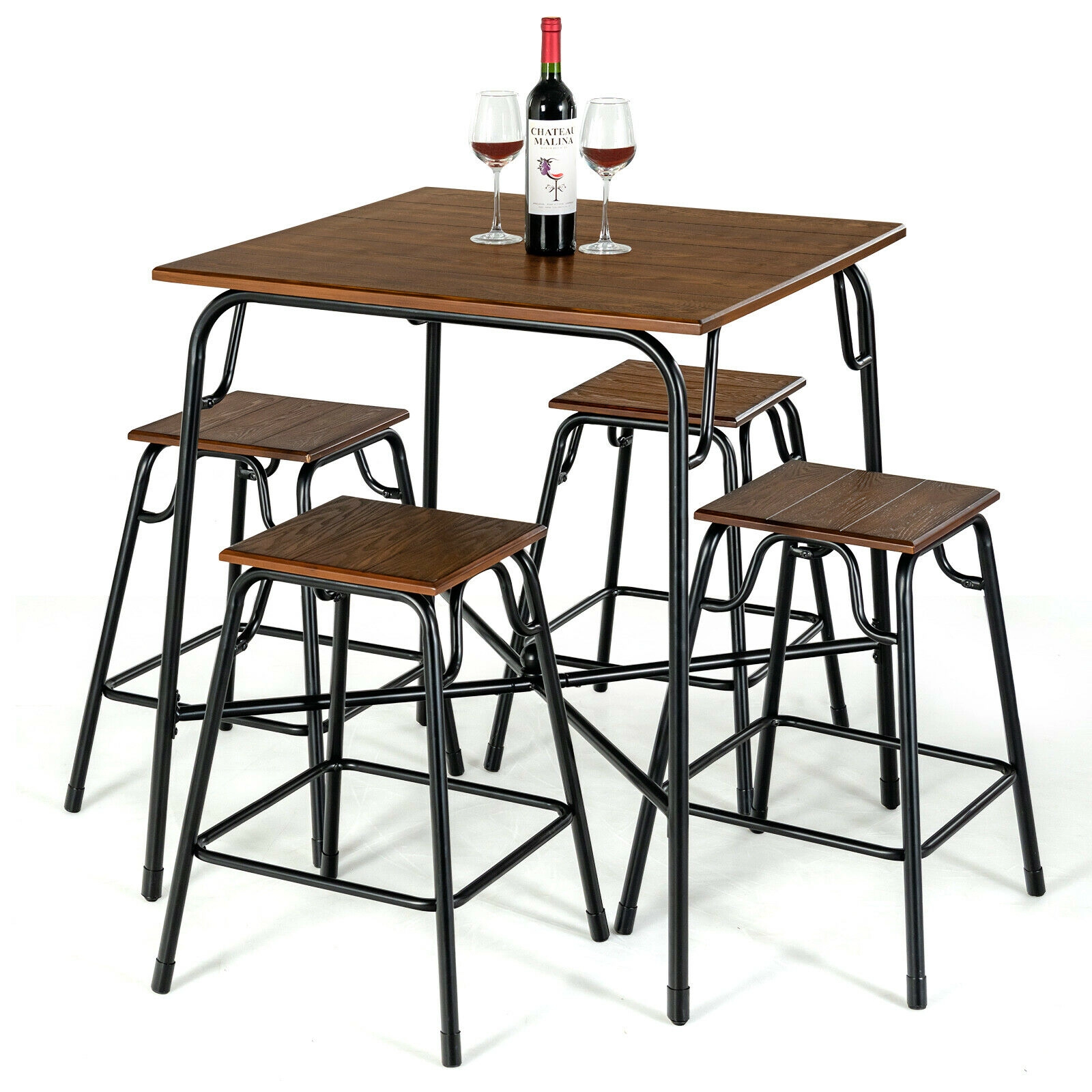 SUGIFT Rustic Brown 4 Counter Height Backless Stools 5-Piece Bar Table Set