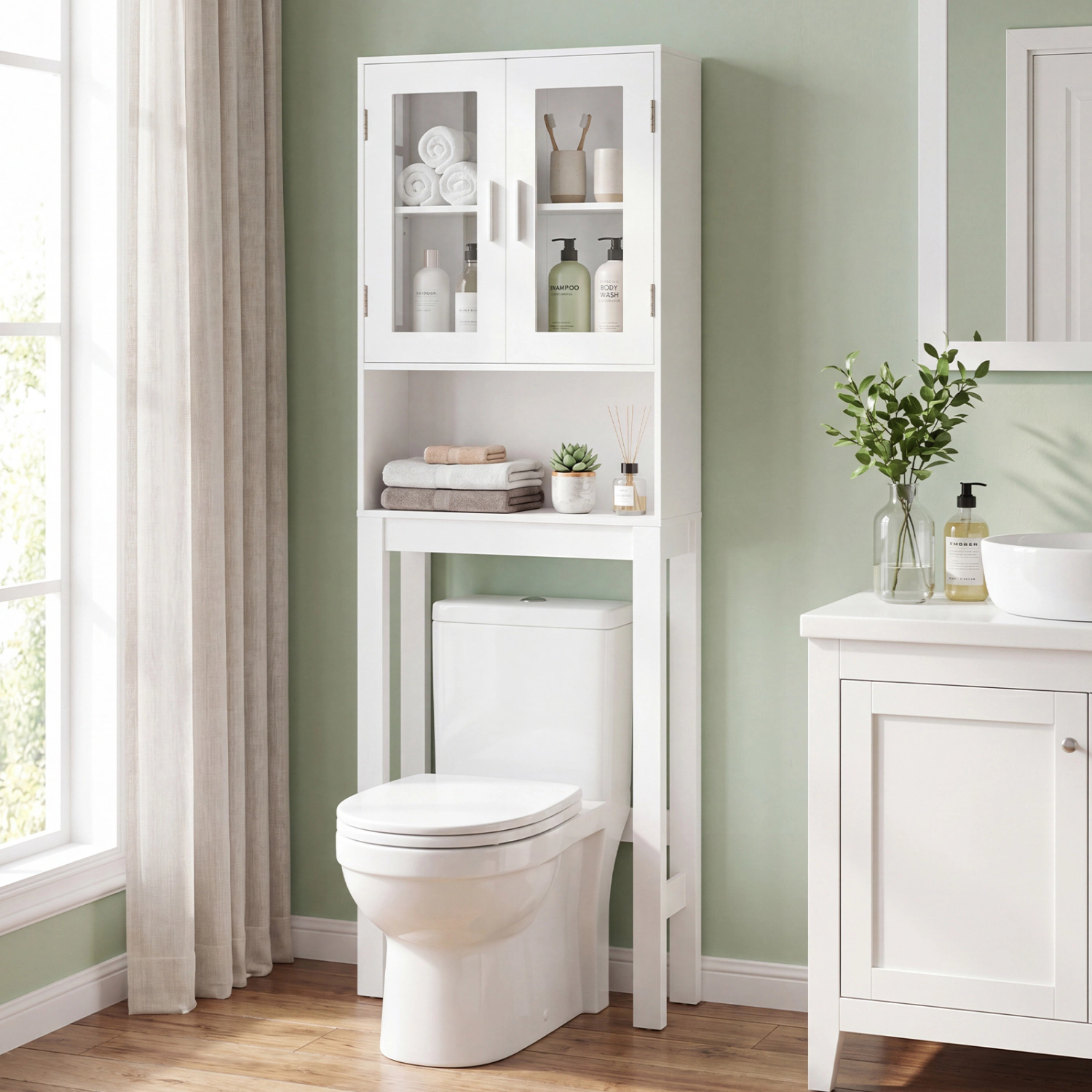Slickblue Over The Toilet Bathroom Storage Cabinet with Frosted Glass Doors and Shelf