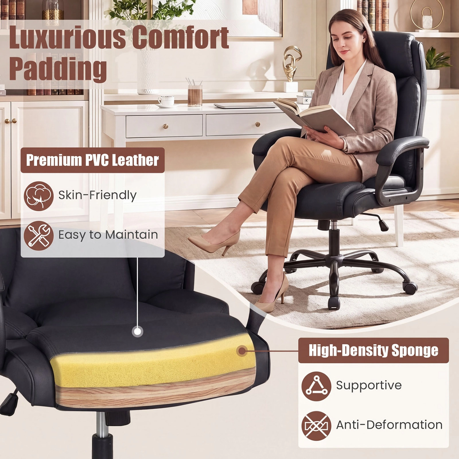 SUGIFT Big and Tall Executive Office Chair, 400 lb Capacity, PVC Leather, Wide High Back, Brown/Black