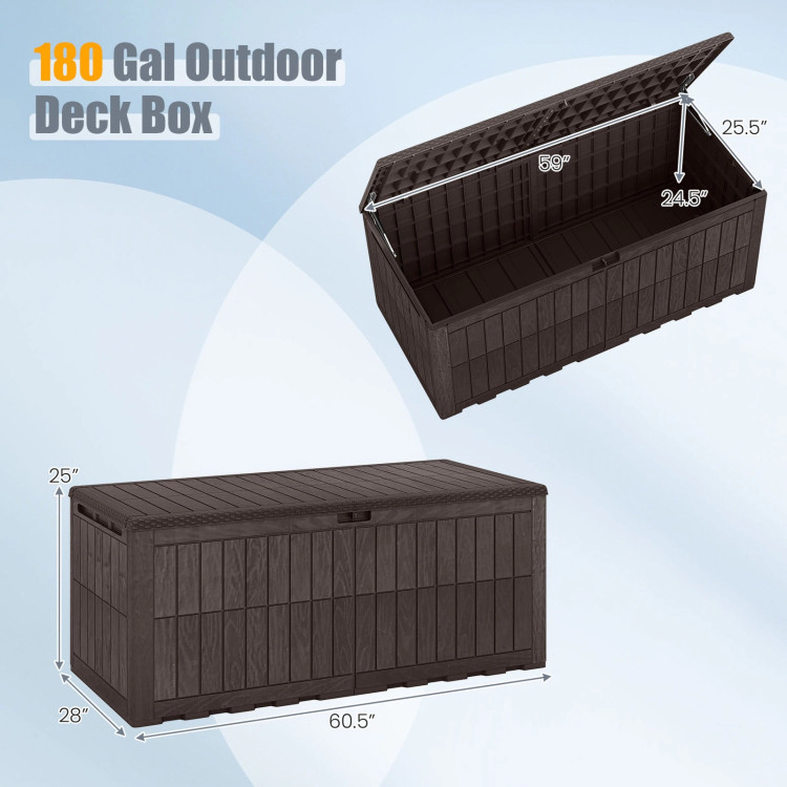 SUGIFT 180-Gallon Lockable Lift-Top PP Outdoor Patio Deck Storage Box 60.5-in x 28-in x 25-in 620-lb Seat Brown