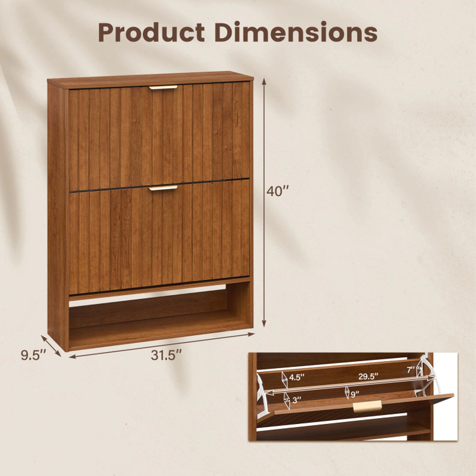 SUGIFT Walnut 40-in Tall Fluted Narrow Shoe Cabinet with 2 Flip Drawers and Open Cubby Storage