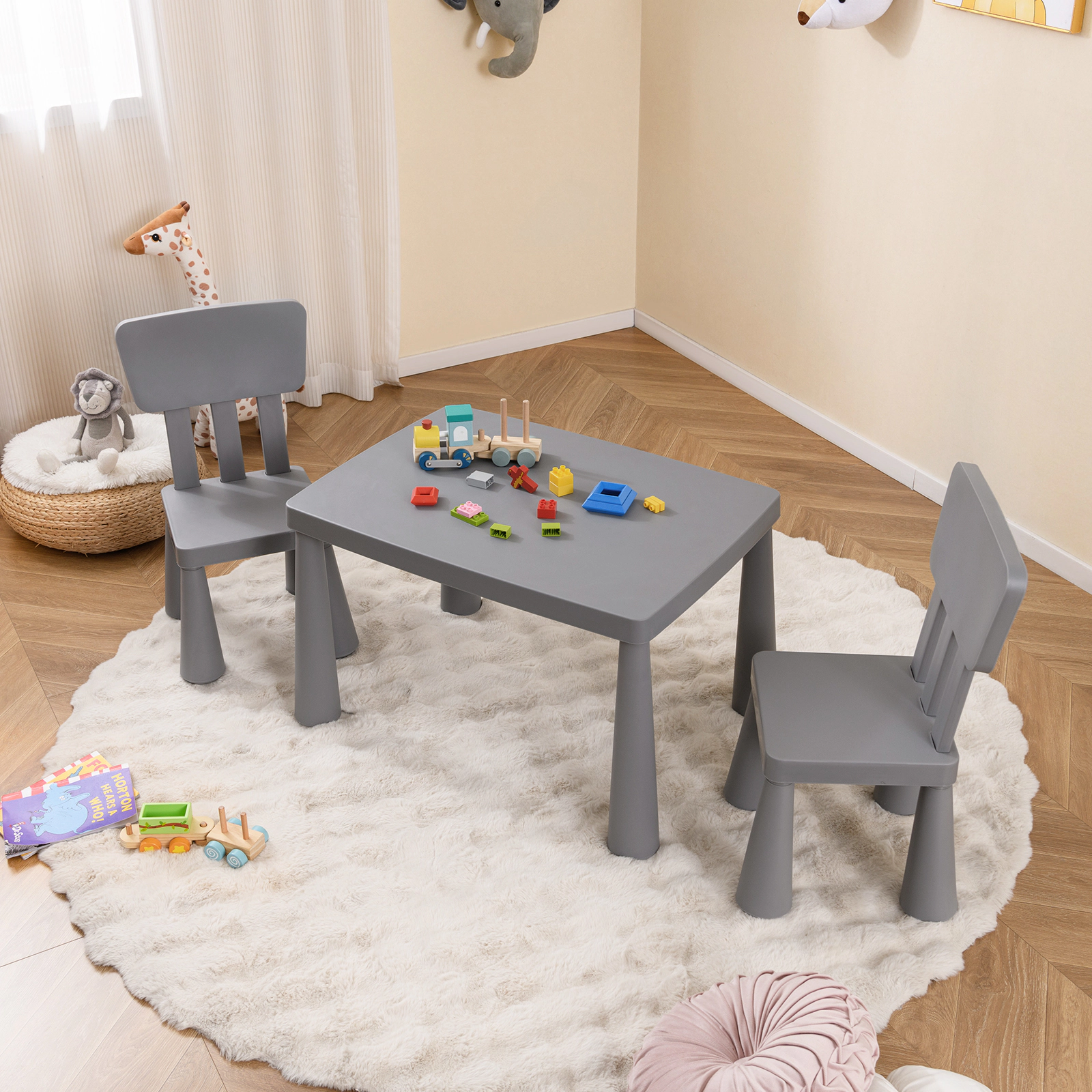 SUGIFT Kids Table and Chair Set, 3-Piece Gray PP Activity Table with 2 Chairs, 110-Lb Capacity