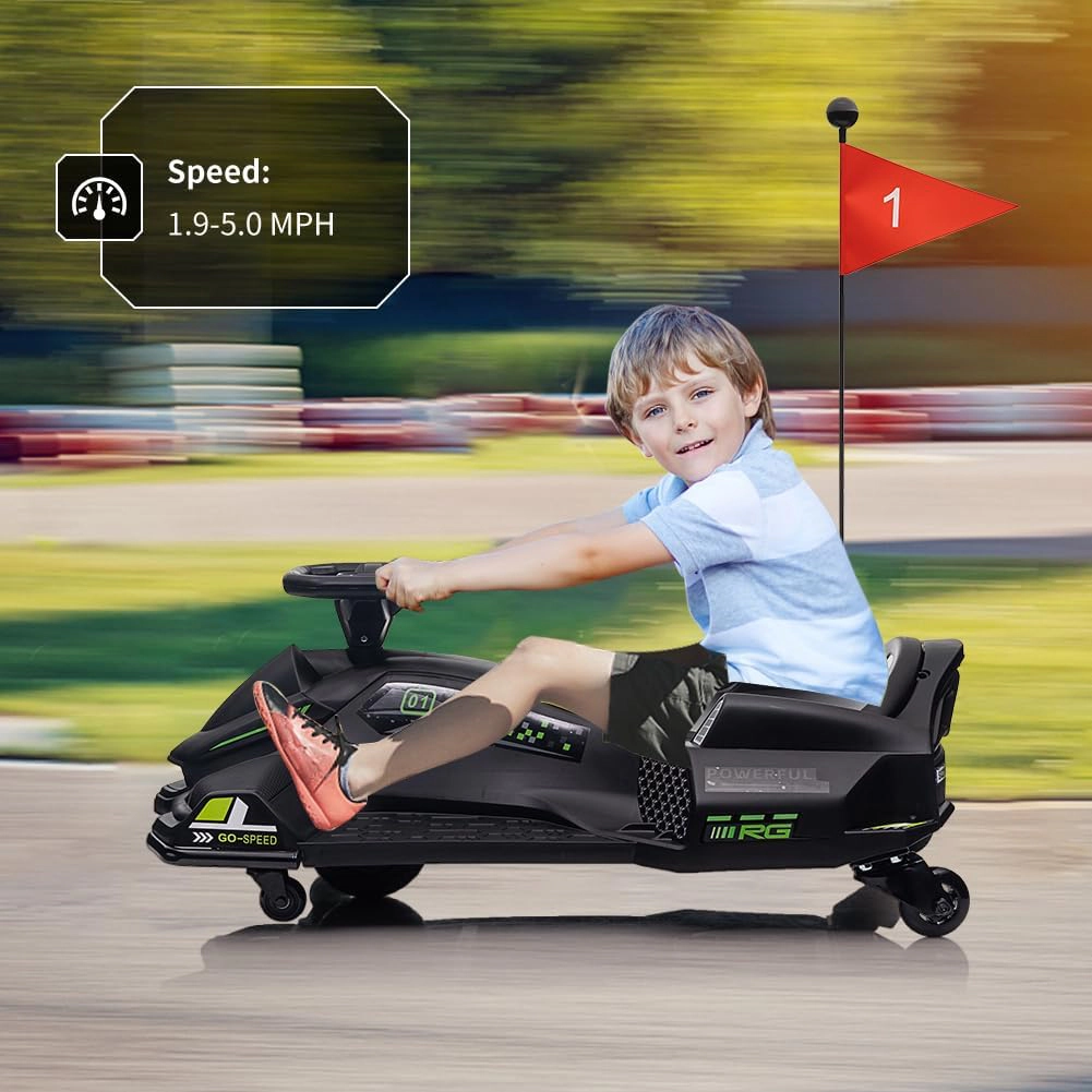 12V Kids Drift Car, Electric Go-Kart w/45W Motor, 5 MPH Variable Speed, Music, LED Lights, USB, Safety Alarm