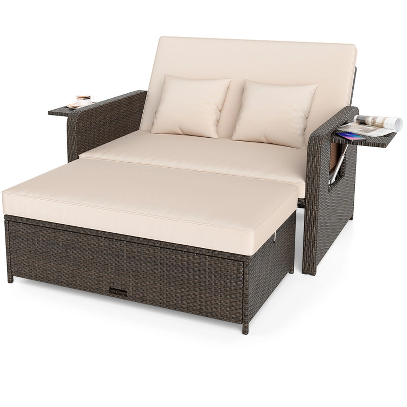 SUGIFT 4-Position Adjustable Outdoor Patio Daybed Chaise Lounge Loveseat with Storage Ottoman 800-lb Capacity Mix Brown