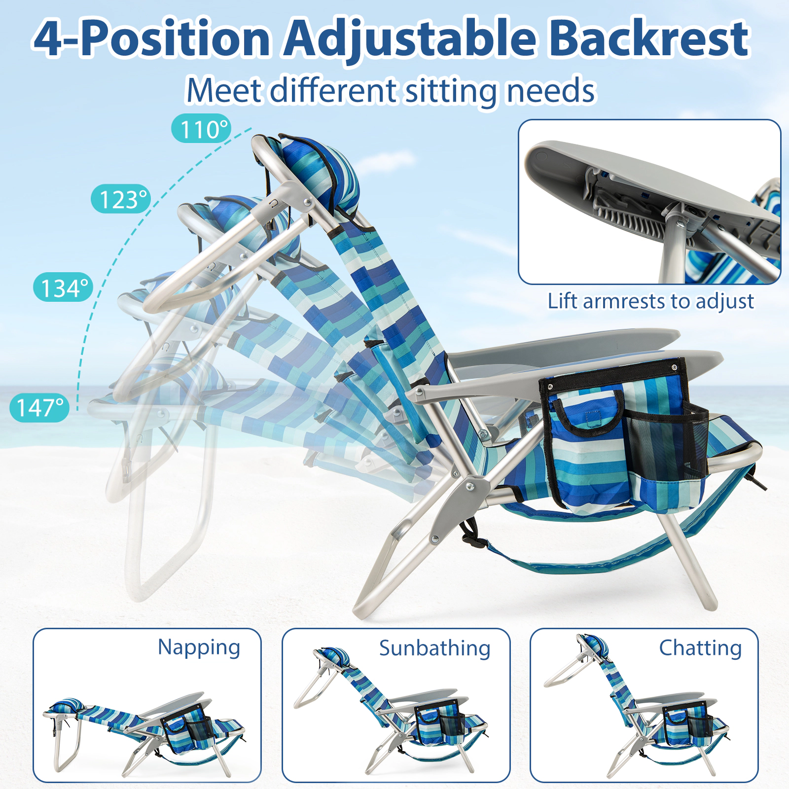 SUGIFT Set of 1 Folding Beach Chair for Adults 4-Position Adjustable Backrest 330-Lb Capacity 24.5-in Wide Seat Blue
