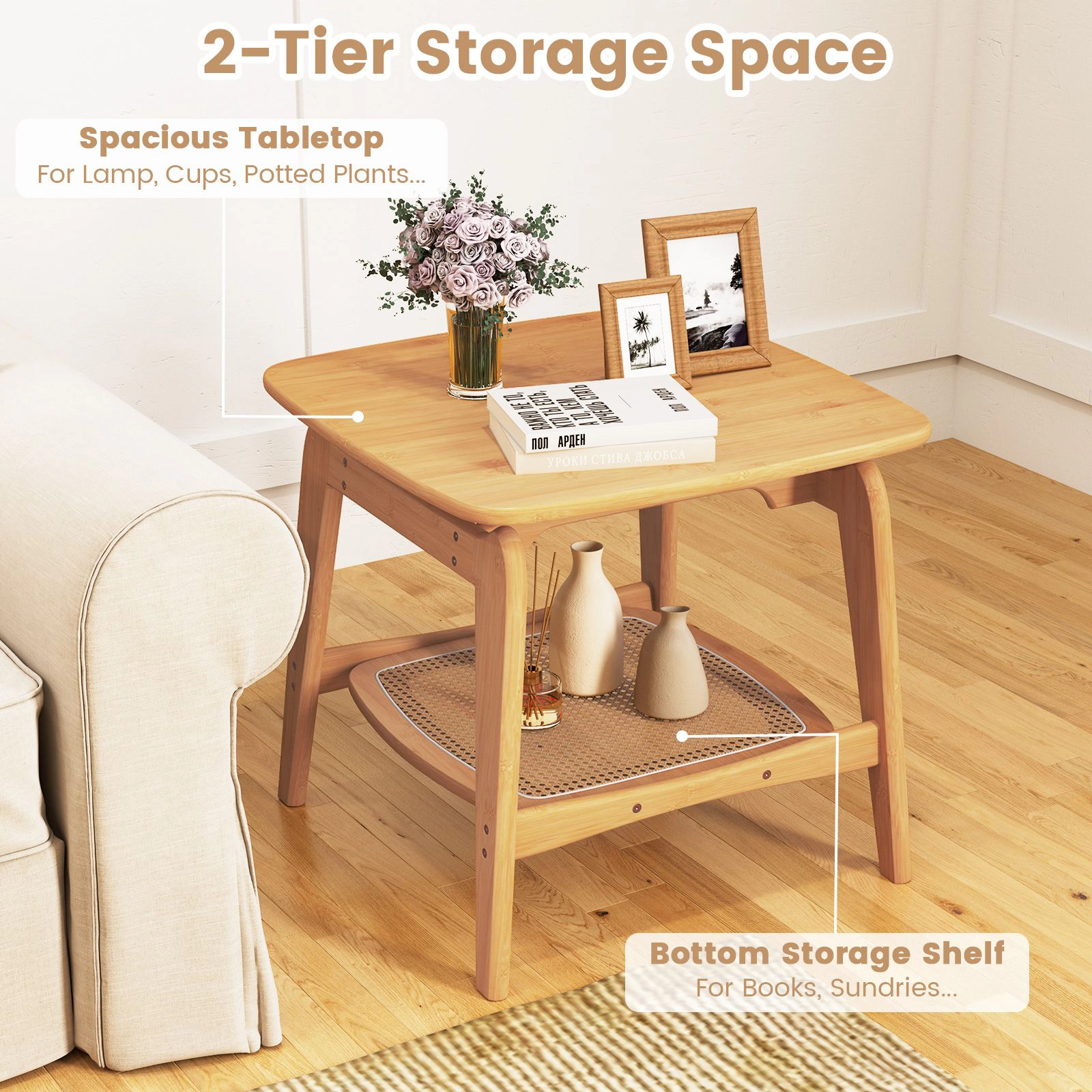 SlickBlue Wicker Sofa Side Table with 2 Tier Storage Shelf