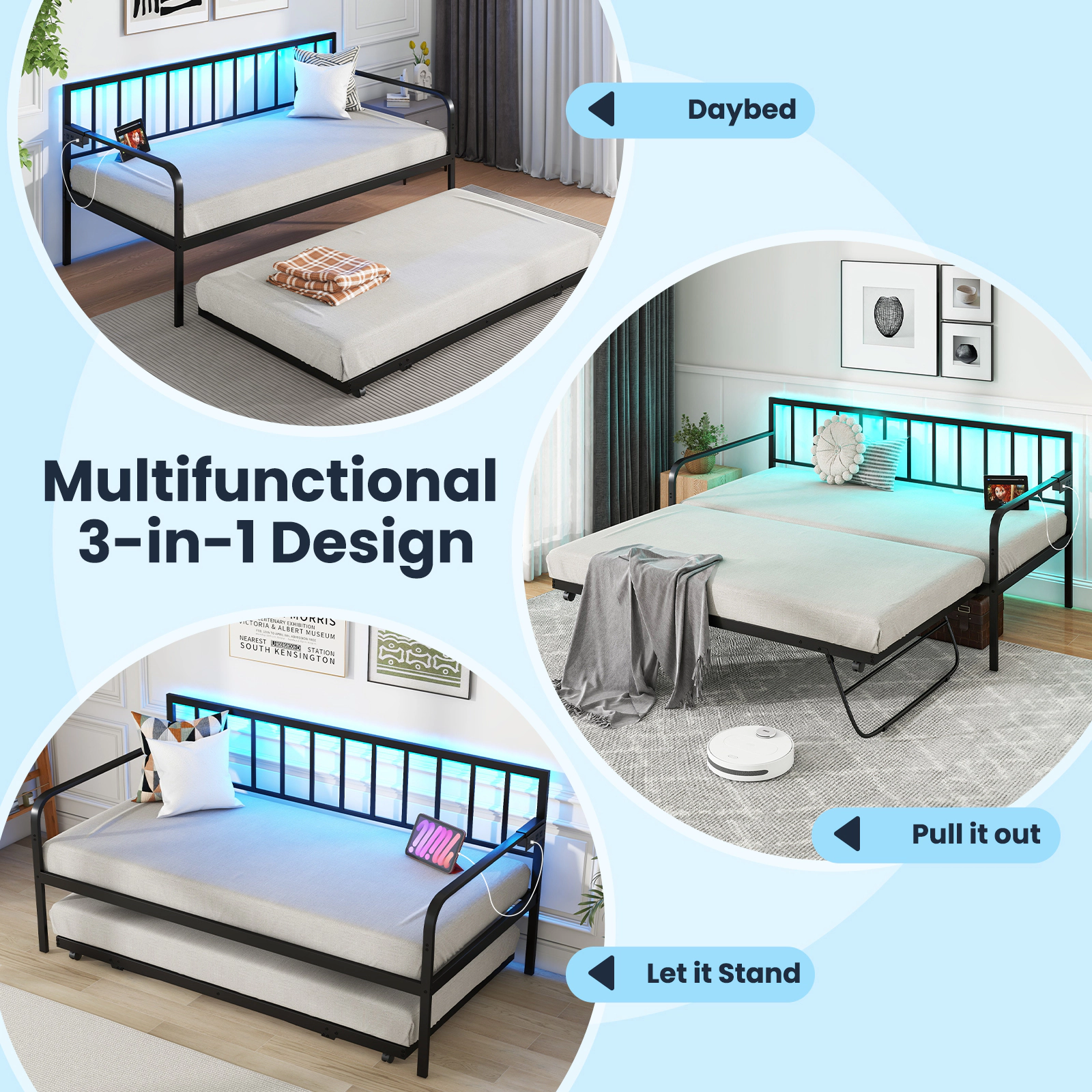 SUGIFT Black Pop-Up Trundle Charging Station and LED Lights Twin Metal Daybed