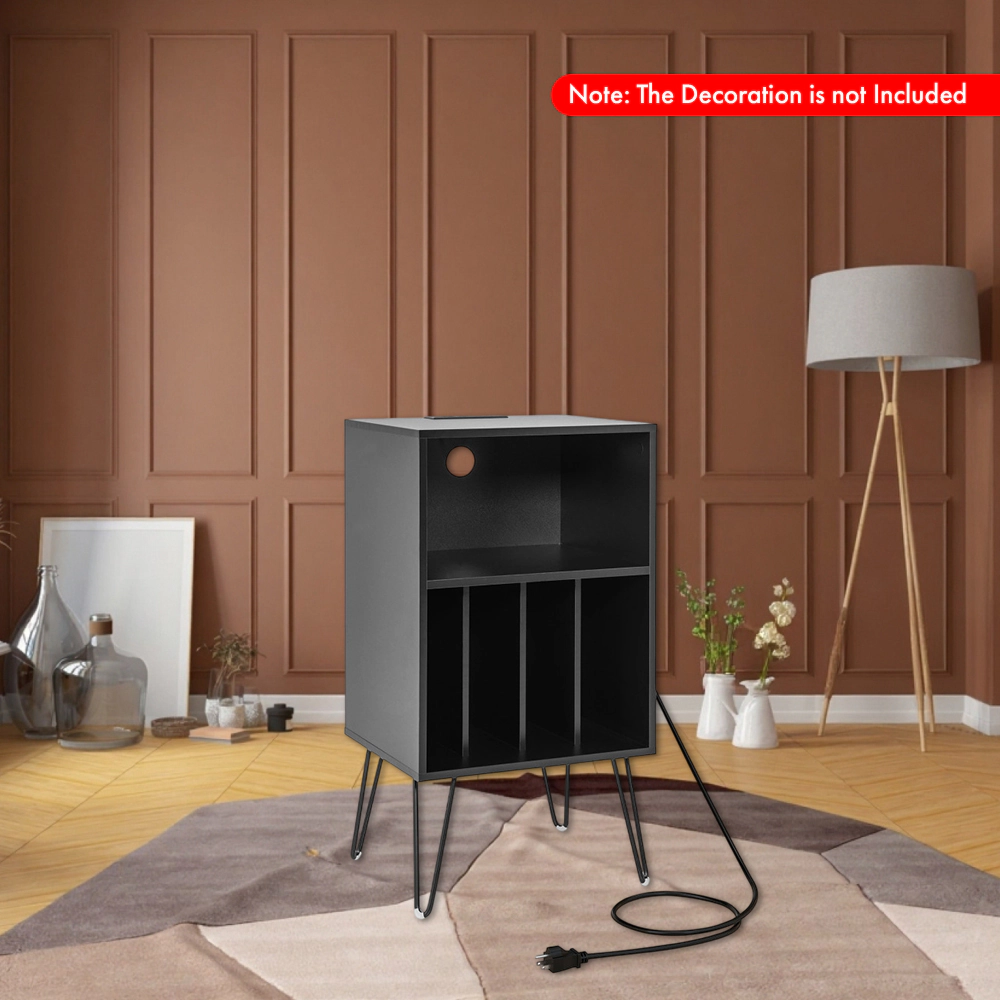 Hivvago Stylish Record Console with Charging Ports and Storage Shelves