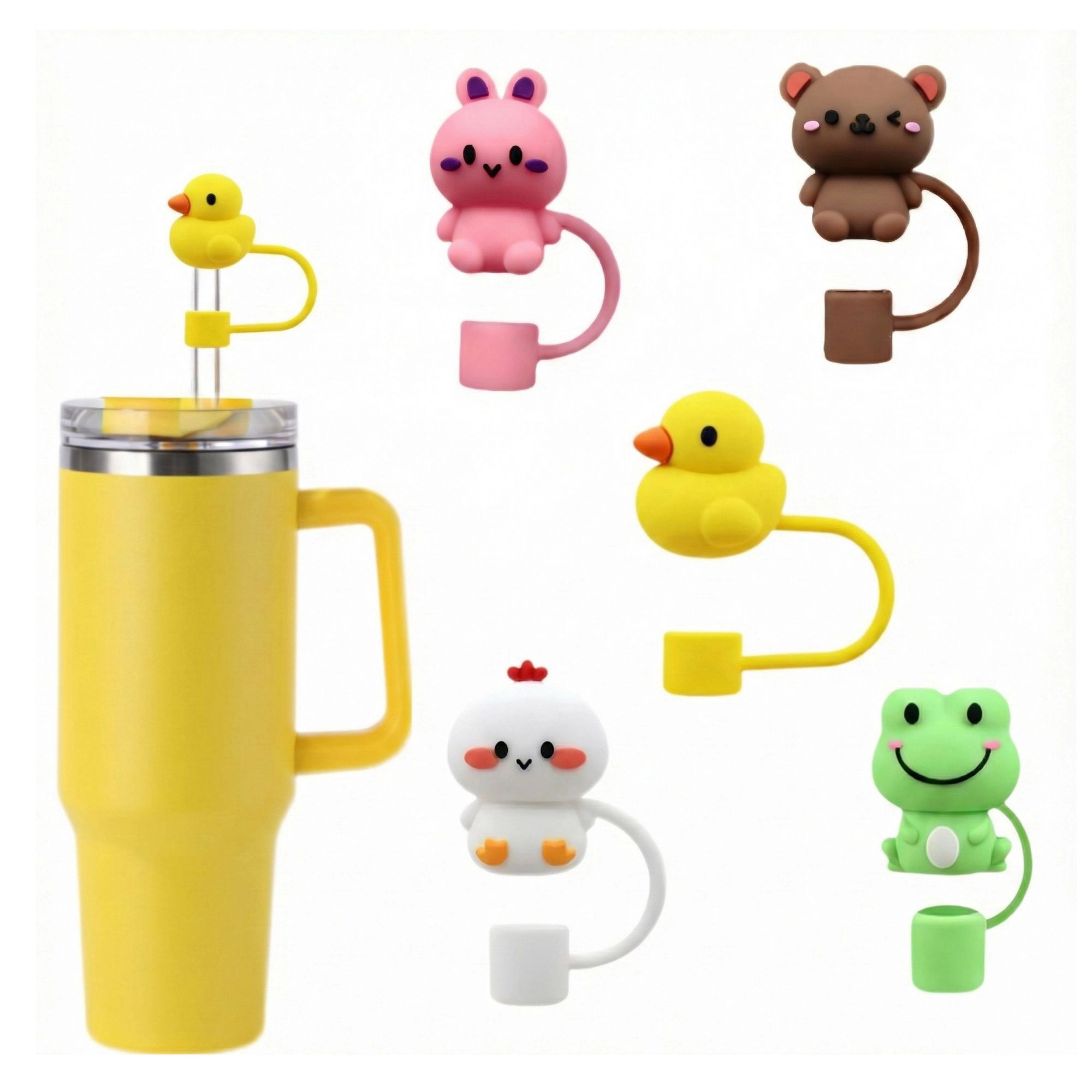 Alilang Unisex Animal Straw Cover Set 5 Pack Cute Silicone Tumbler Straw Caps Reusable Decorative Drink Accessories