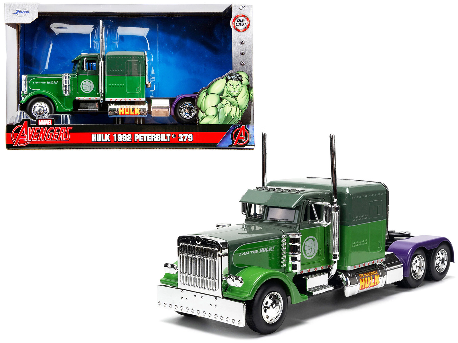 Jada 1992 Peterbilt 379 Truck Tractor Green Two-Tone And Purple "The Incredible Hulk" "Marvel Avengers" Series