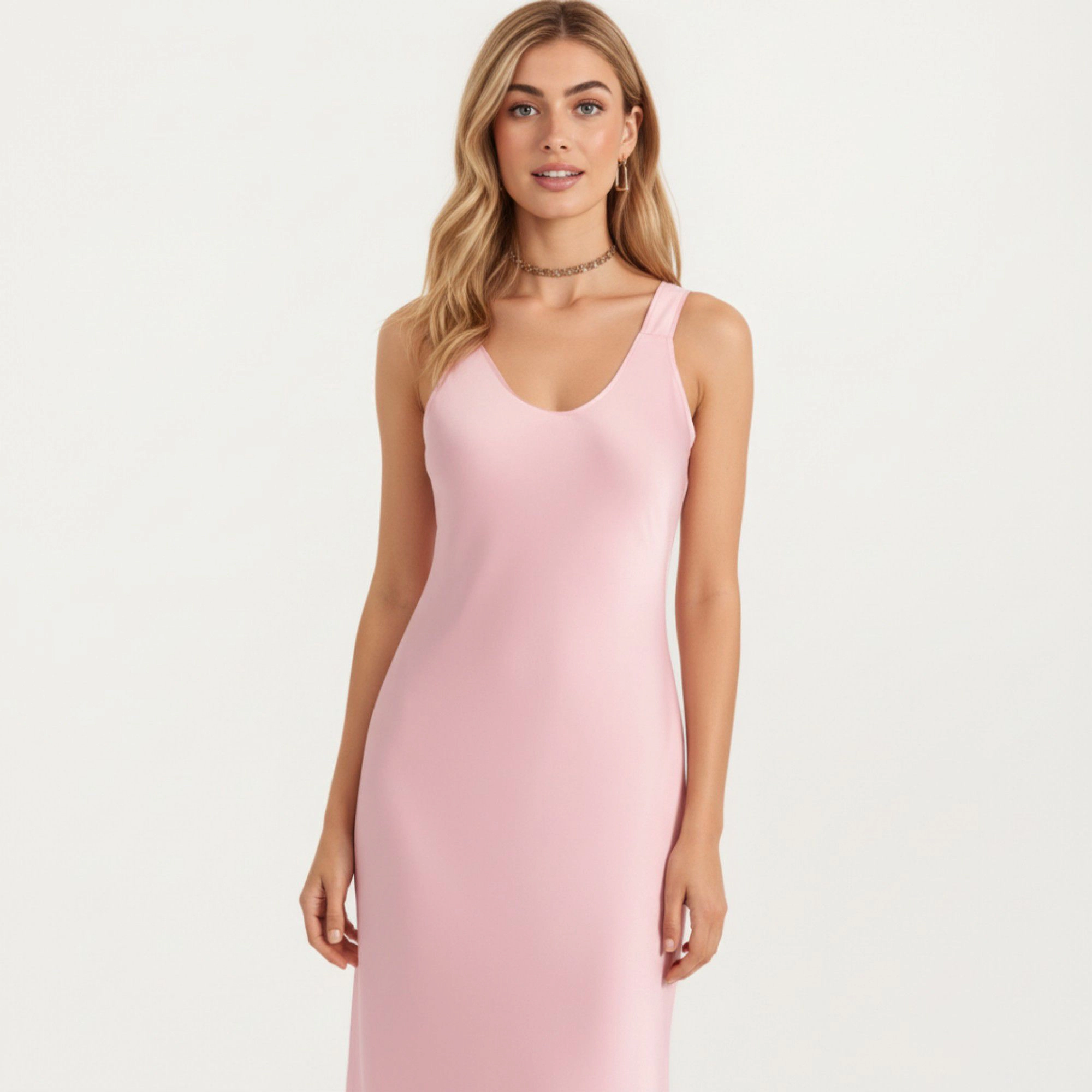 Anna-Kaci Women's Satin Midi Slip Dress with Wide Shoulder Straps and Smooth Sculpted Silhouette