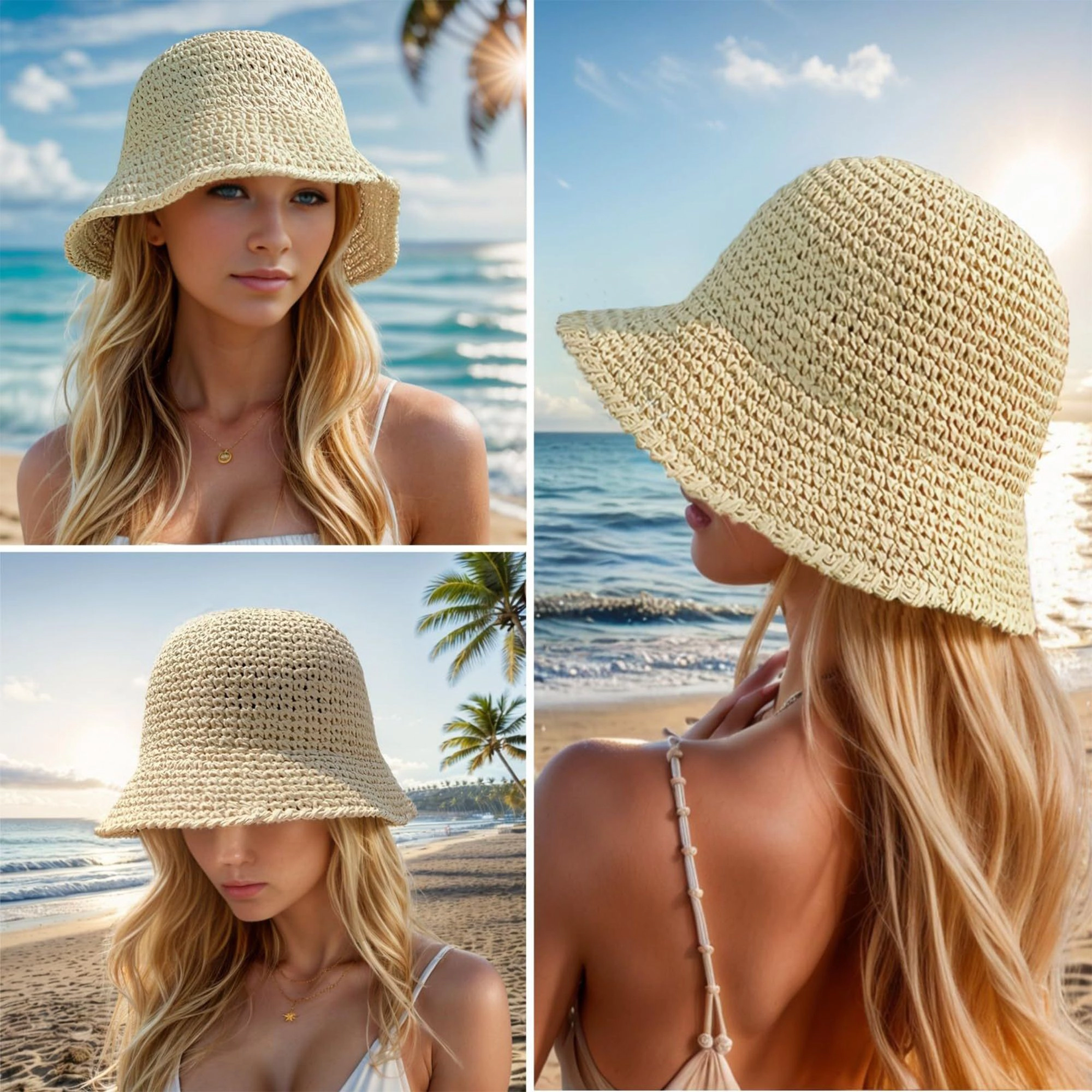Anna-Kaci Women's Crochet Raffia Bucket Hat Lightweight Foldable Wide Brim Sun for Stylish Summer Protection