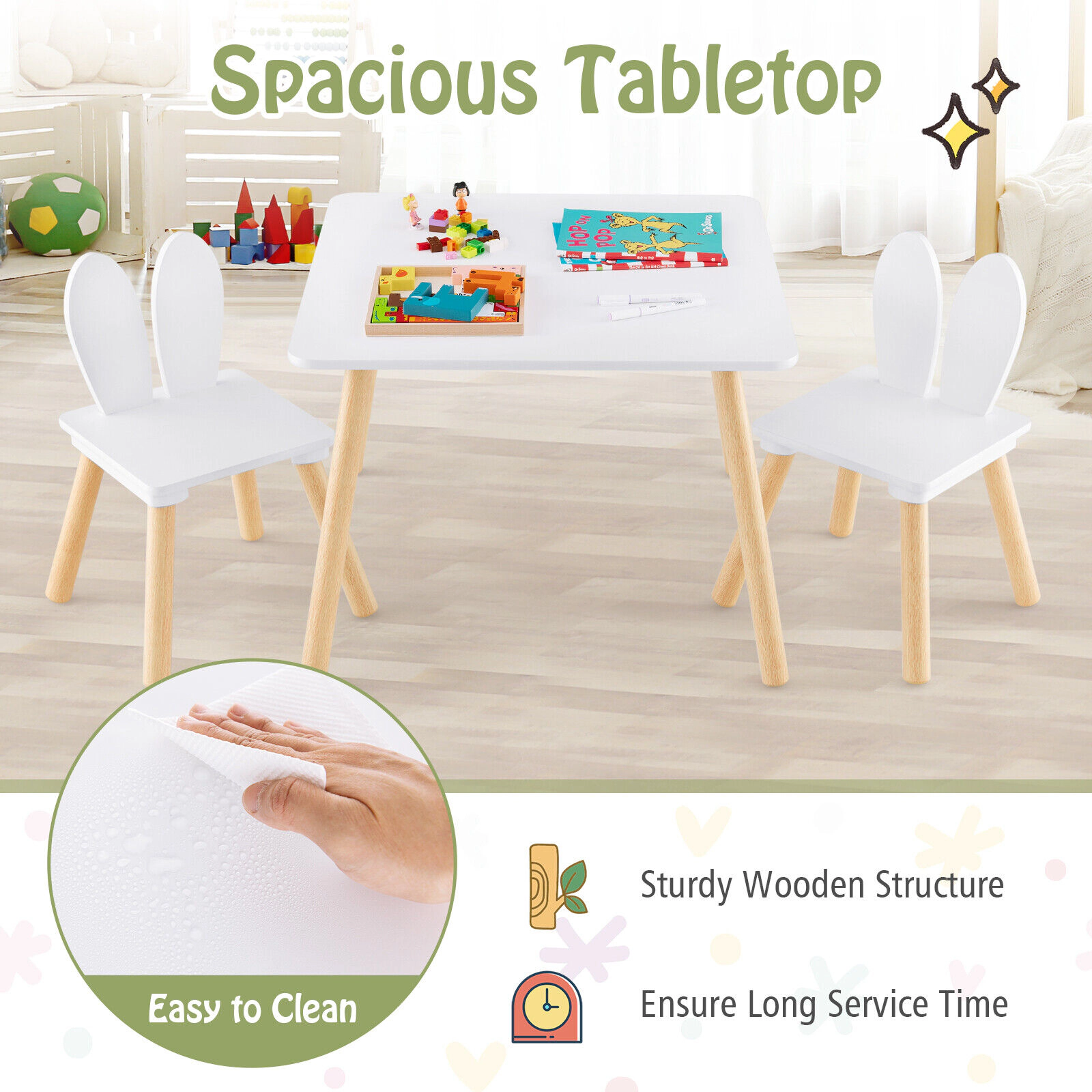 SUGIFT White Bunny Ear Backrests for Arts Crafts and Snacks 3-Piece Kids Table and Chairs Set