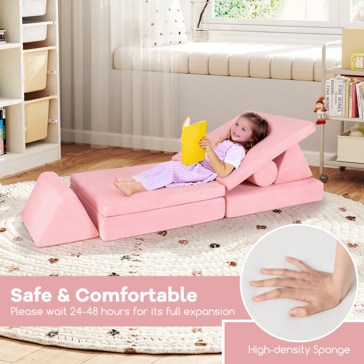 Hivvago 8 Pieces Kids Play Couch Foam Building Fort Play Set With Suede Cover-Pink