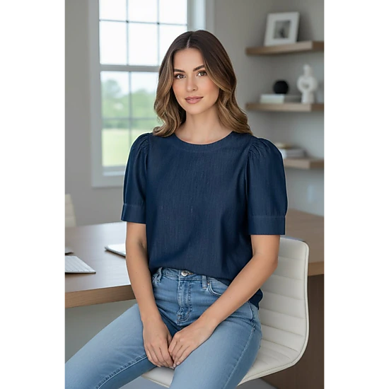 DressAtR Women's Blue Denim Round Neck Elbow Sleeve Back Button Blouse