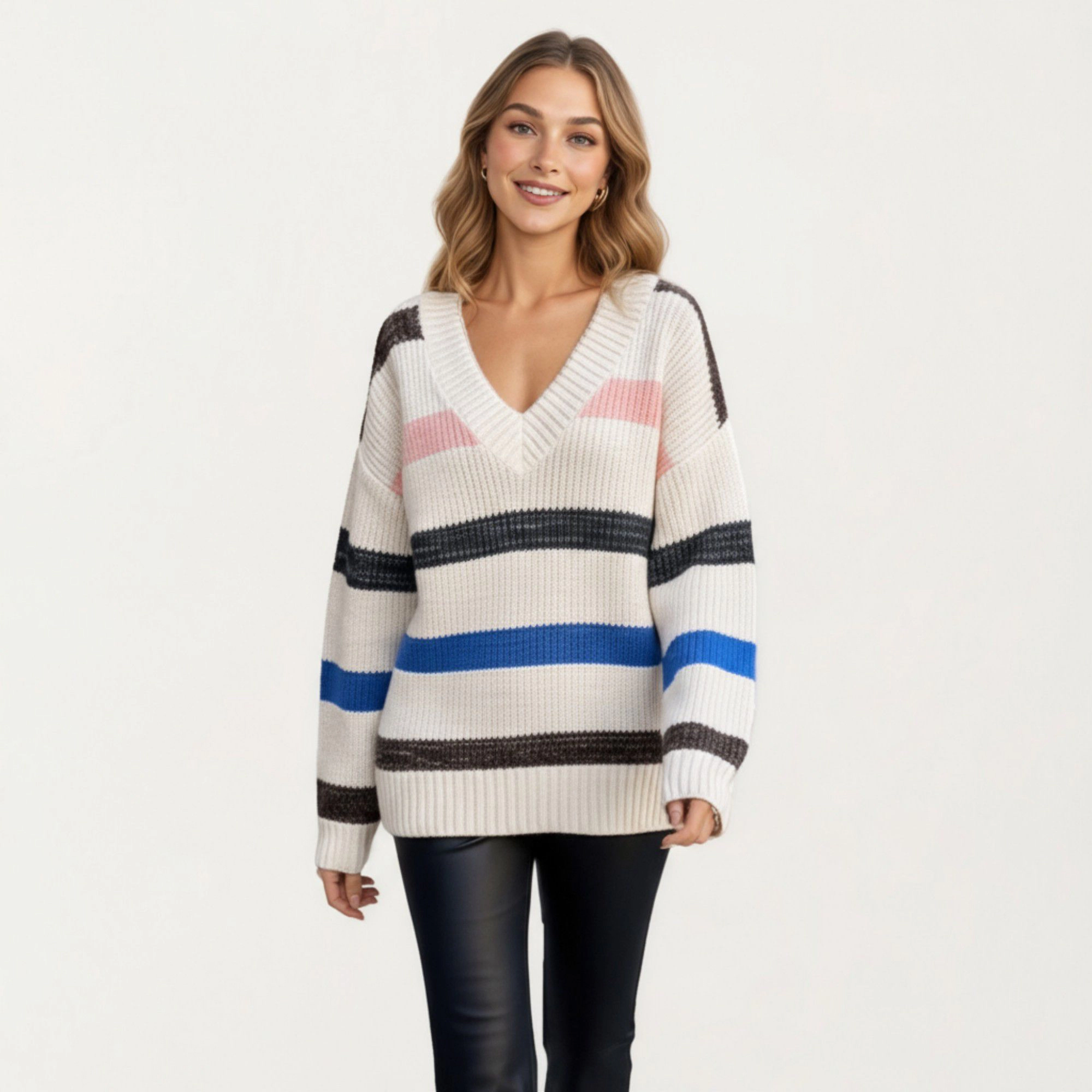 Anna-Kaci Women's Long Sleeve V-Neck Ribbed Knit Sweater with Multicolor Stripes