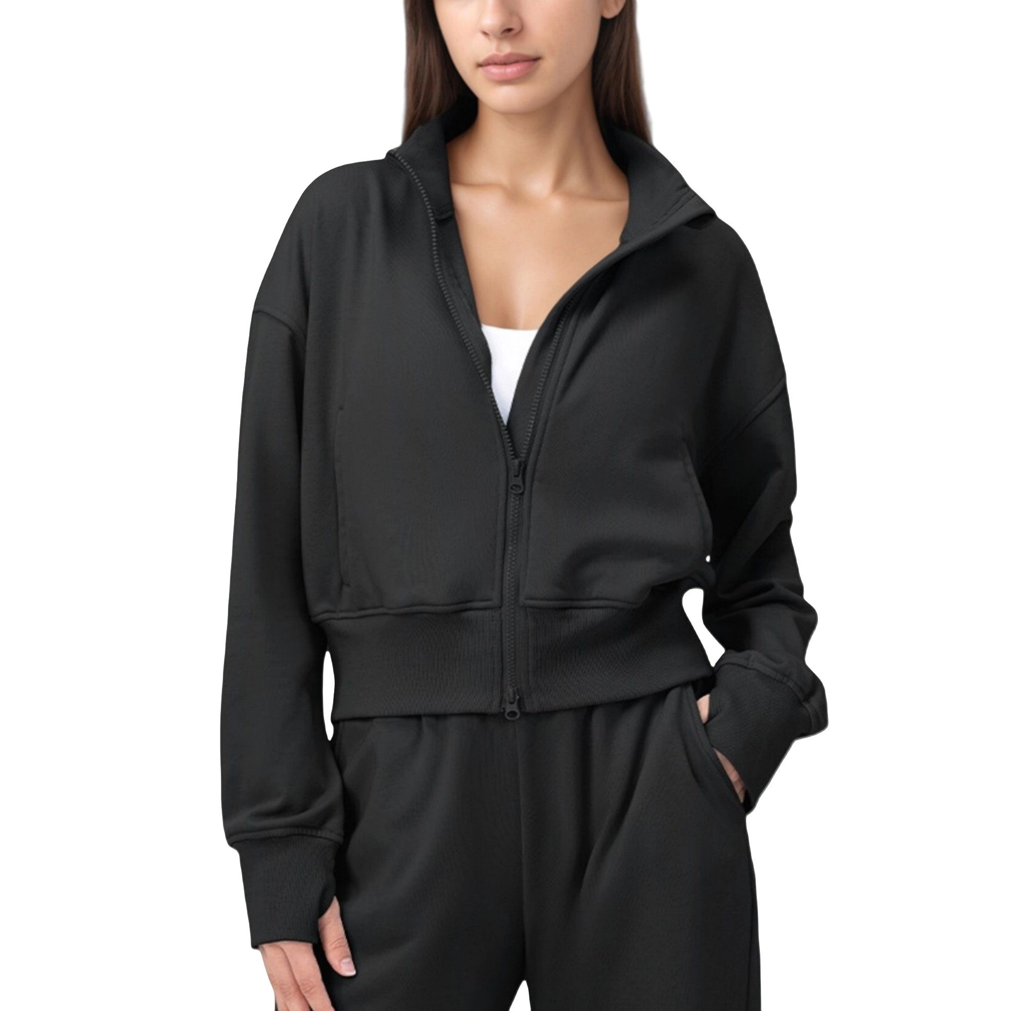 Anna-Kaci Women's Cropped Zip-Up Jacket with High Collar and Long Sleeves