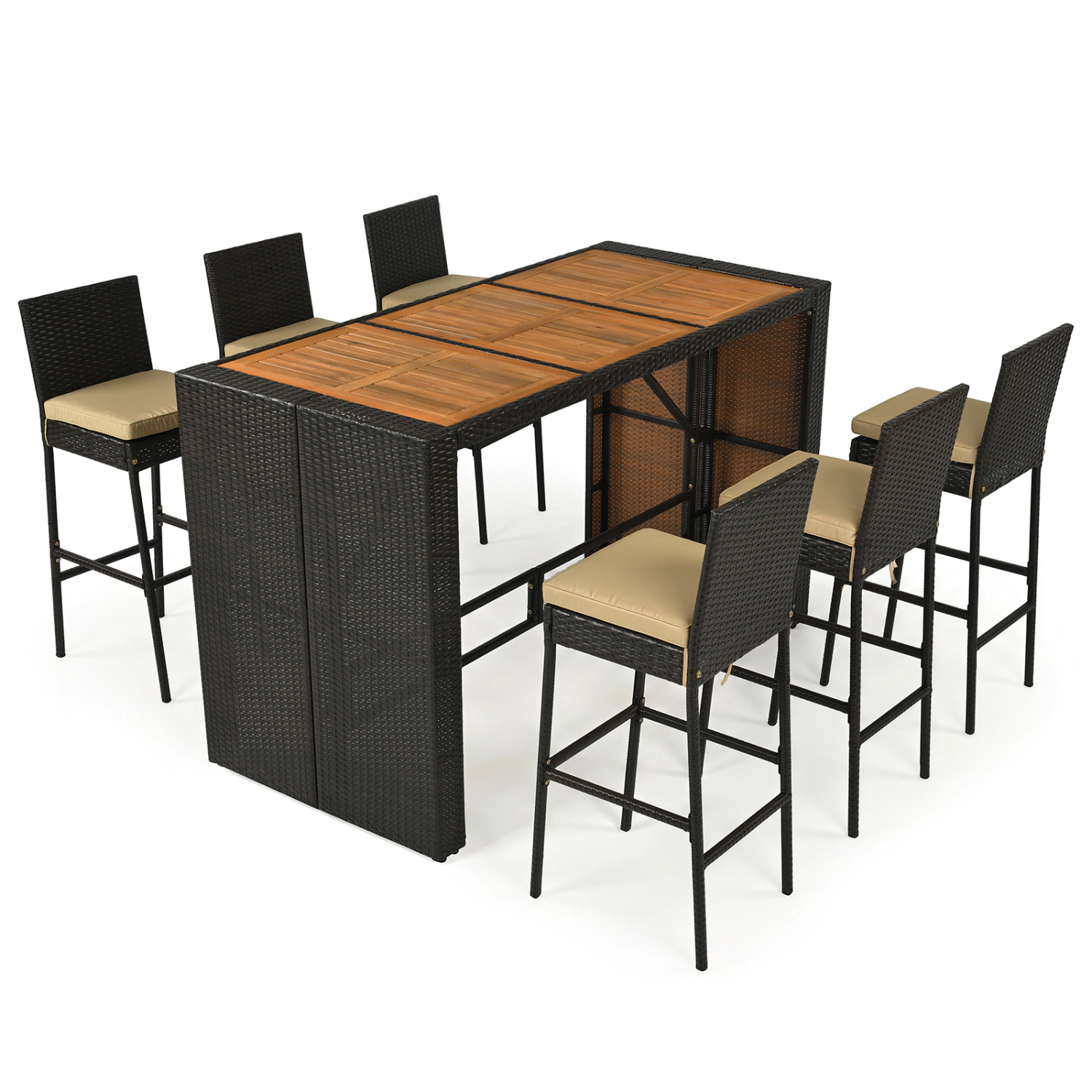 LJG 7-Piece Outdoor PE Wicker Bar Set with Bar Height Table and 6 Cushioned Stools for Yard