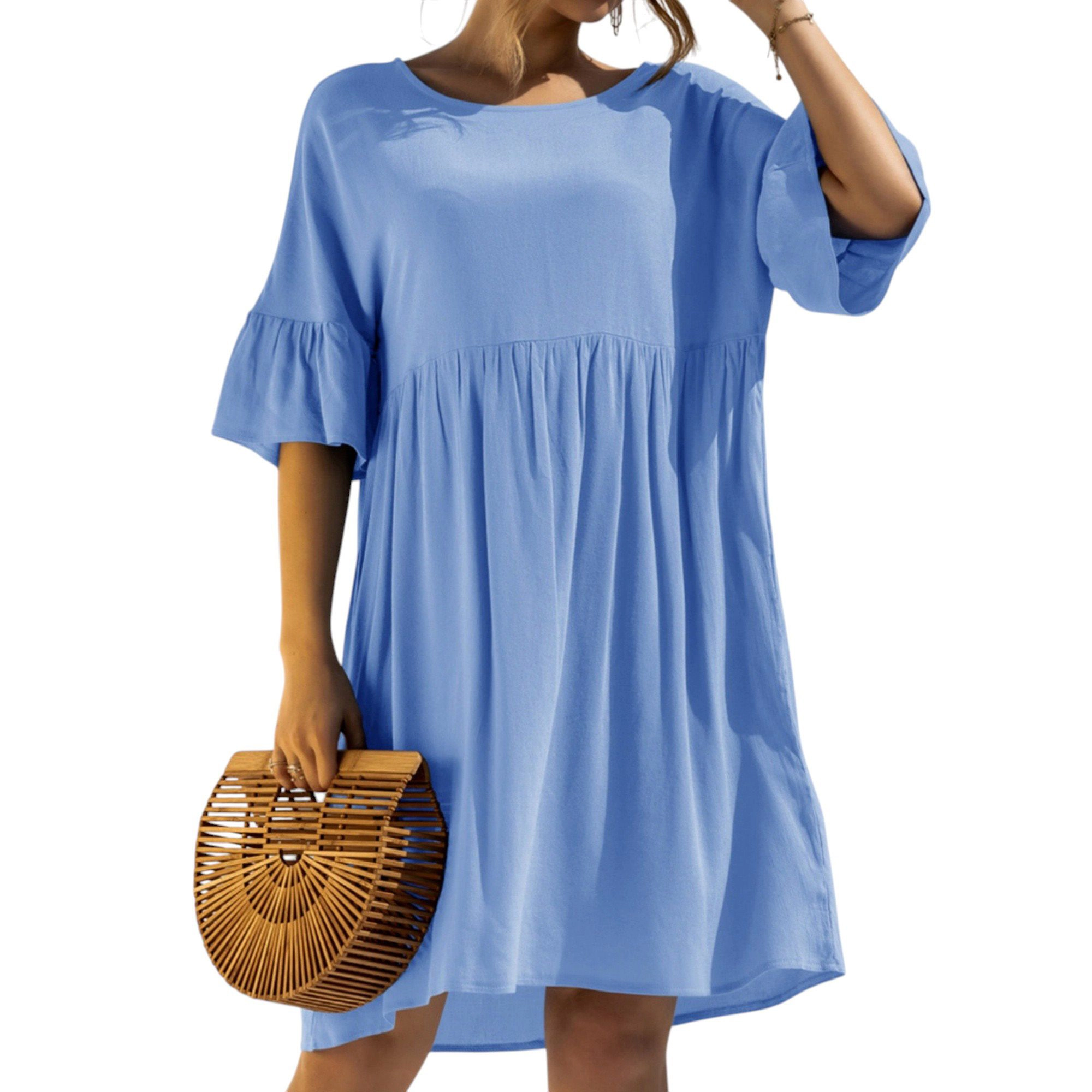 Anna-Kaci Women's Short Sleeve Loose Fit Midi Dress with Ruffle Detail and Side Pockets