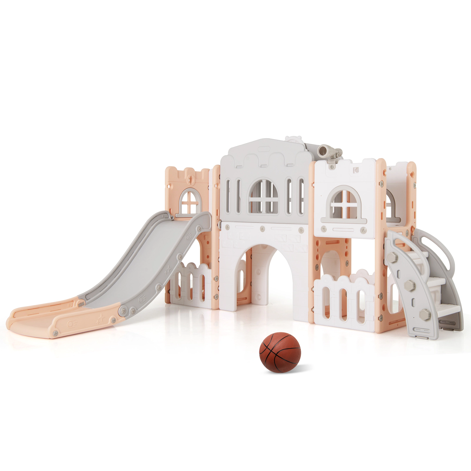 SUGIFT Pink Tunnel Climber and Basketball All-in-1 Toddler Slide Playset Indoor Playground