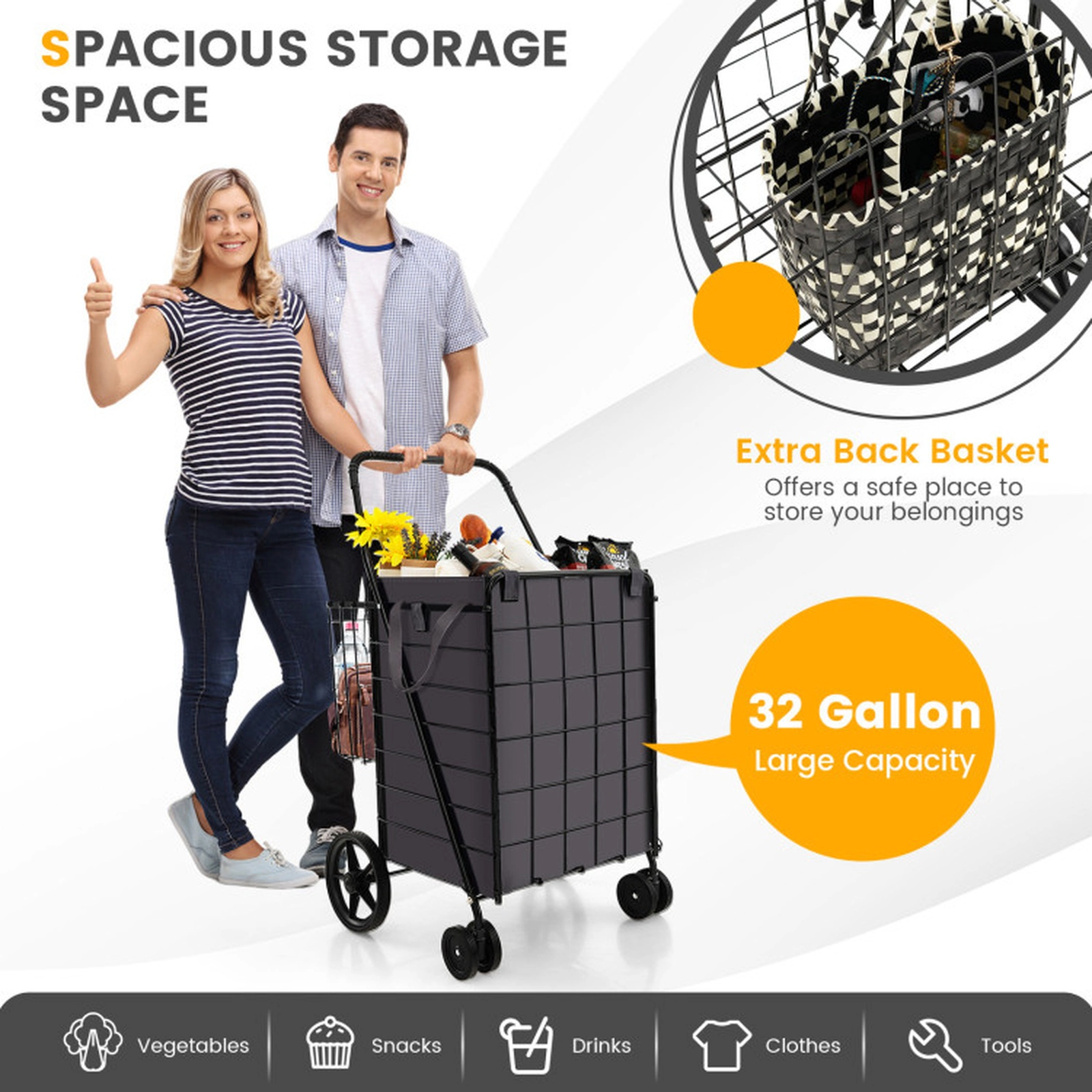 SUGIFT Folding Rolling Shopping Cart Waterproof Oxford Liner Back Basket 90-lb Capacity 24 x 23.5 x 40-in Black
