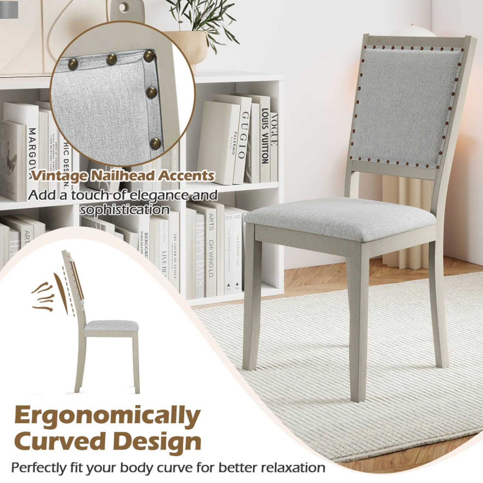 SUGIFT Farmhouse Fabric Upholstered Dining Chair Set of 2 with Nailhead Trim 400-lb Capacity Gray