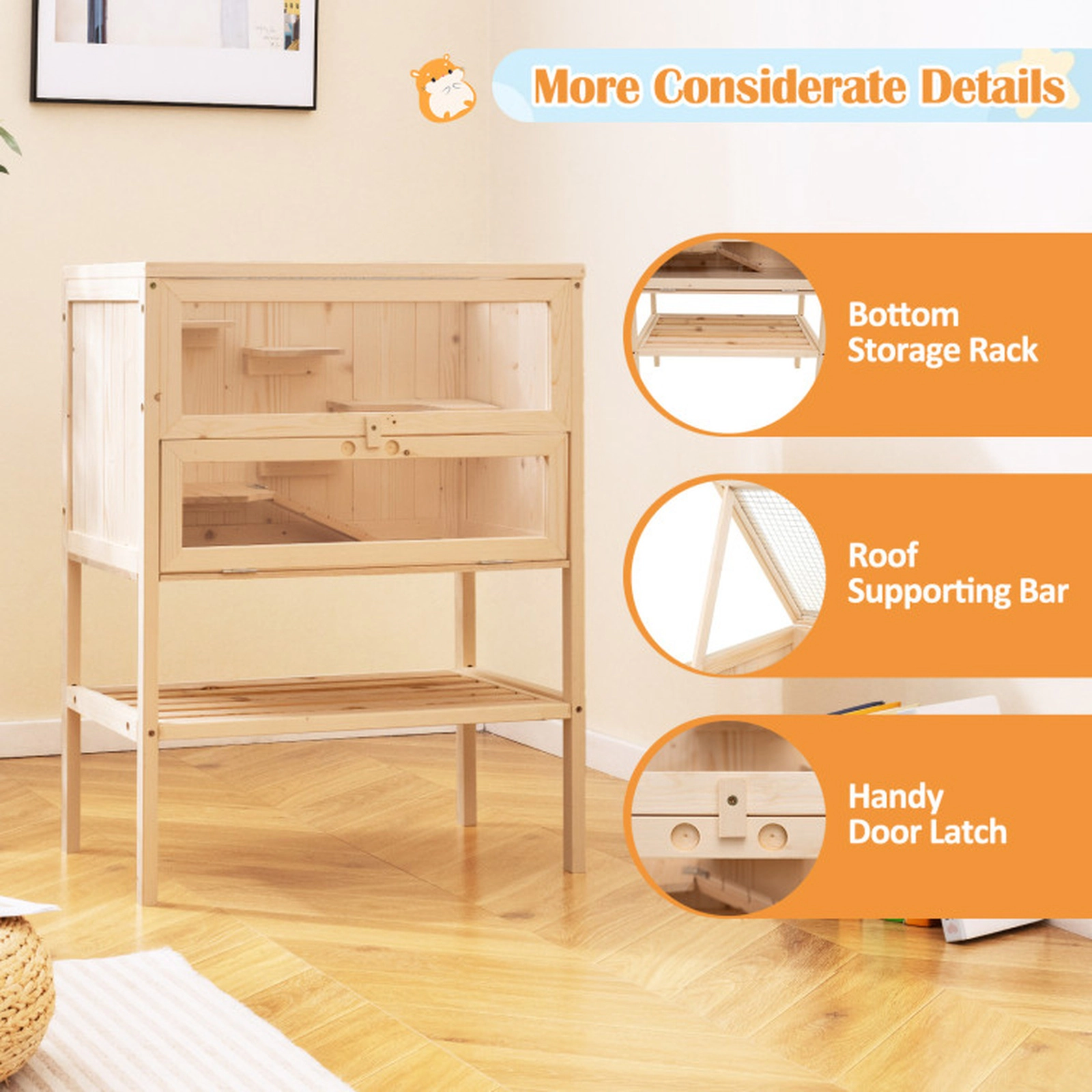 SUGIFT Natural Flip-Up Roof 31.5-in Freestanding Wooden Hamster Cage Small Pet Habitat