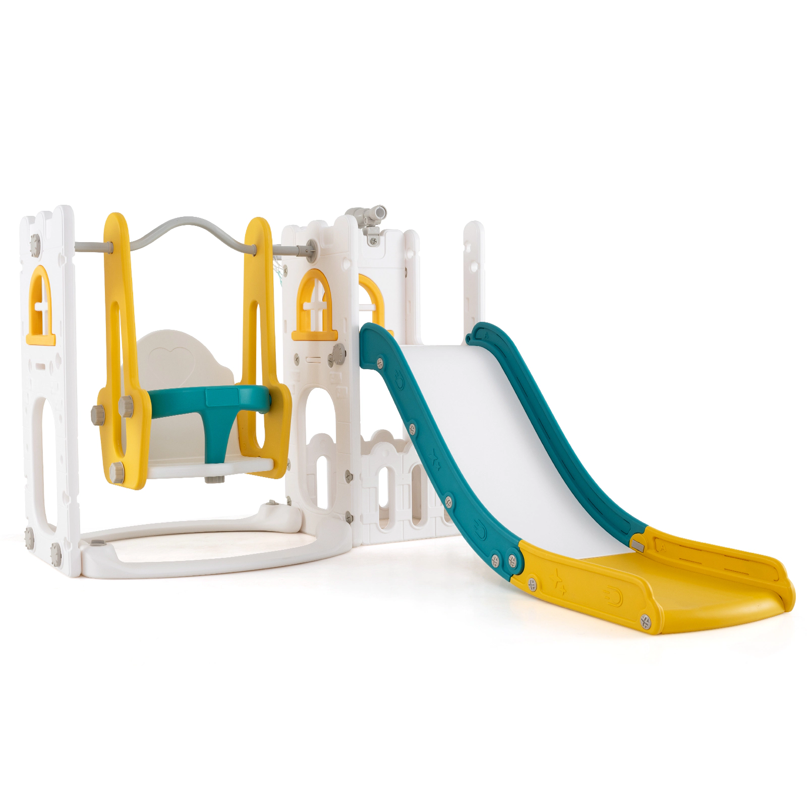 SUGIFT Yellow Ladder and Basketball Hoop 7-in-1 Toddler Swing and Slide Set L-Shaped