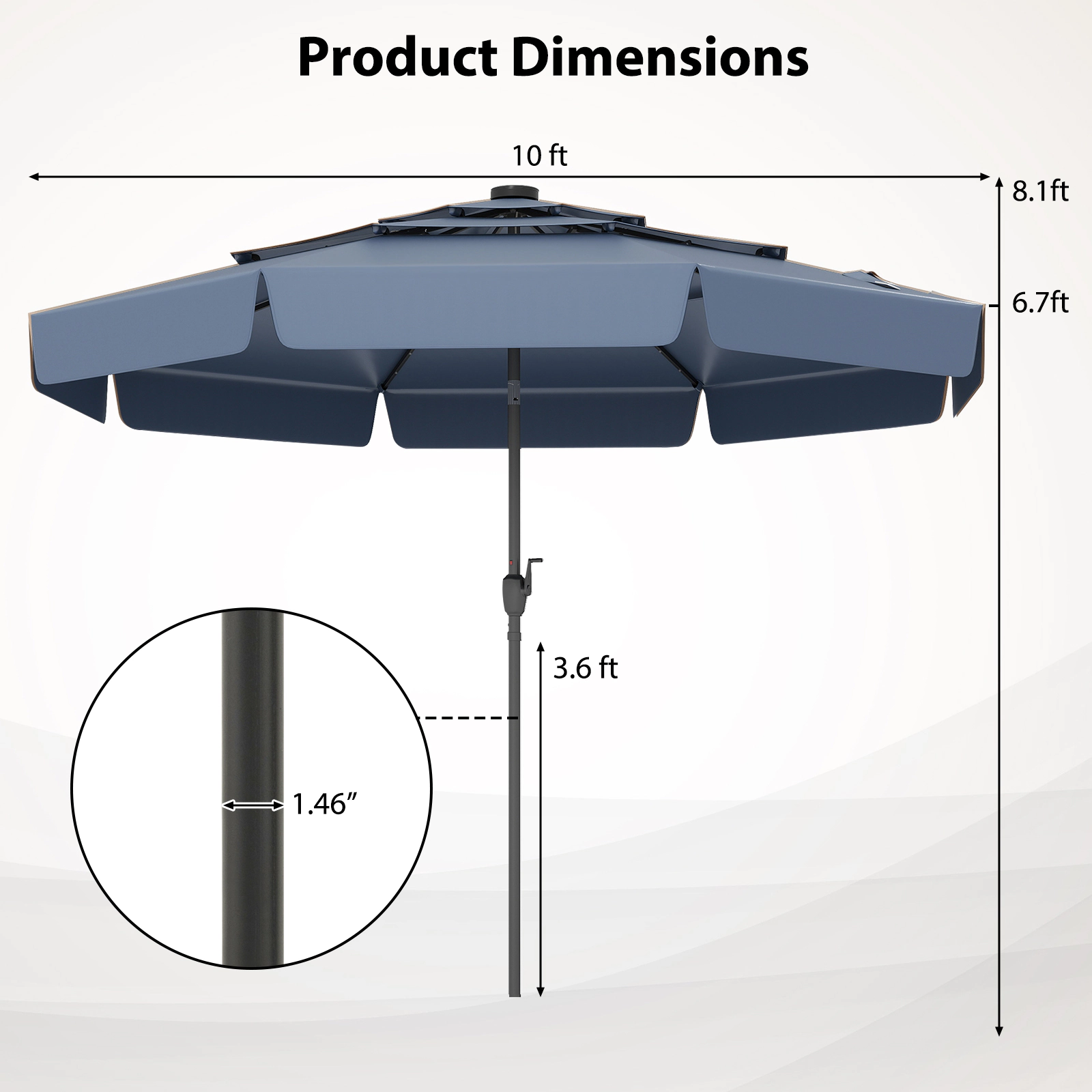 SUGIFT Navy 10 ft Solar Patio Umbrella with 3-Tier Vented Top and Auto Tilt