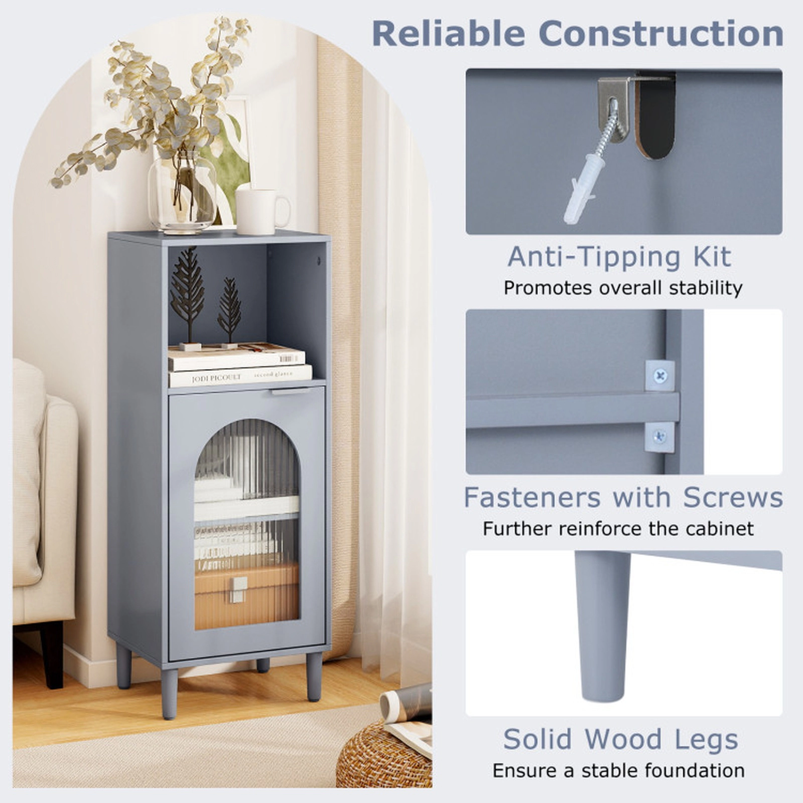 SUGIFT Tempered Glass Door Solid Wood Legs Side Bathroom Floor Storage Cabinet 14-in x 12-in x 35.5-in 110-lb Top Gray