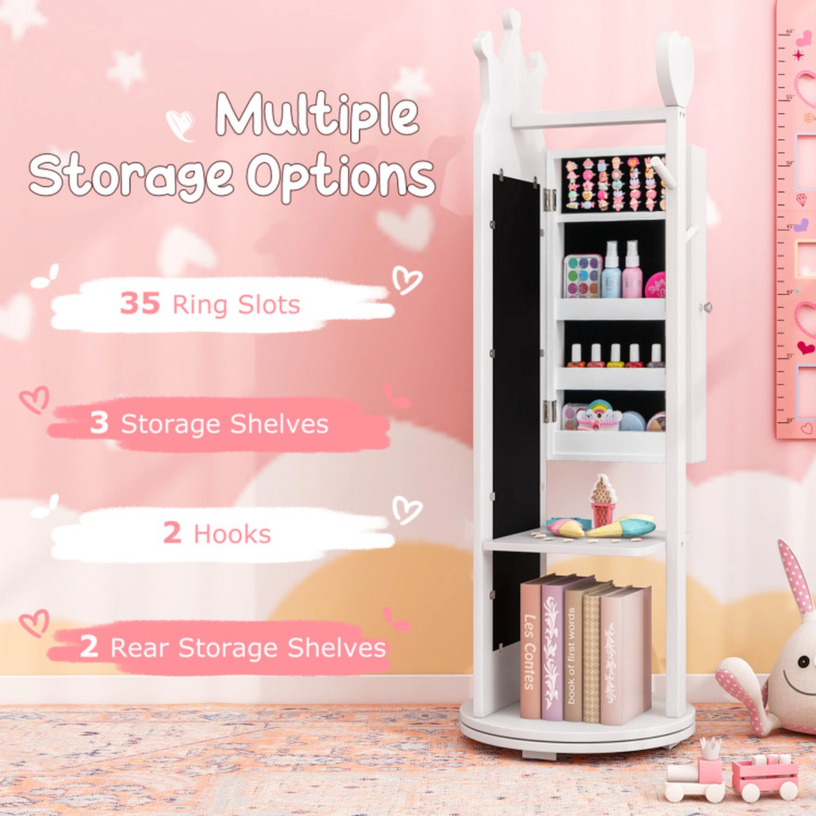 SUGIFT Kids Vanity Table and Stool Set with Full-Length Mirror Jewelry Cabinet and Storage Drawer
