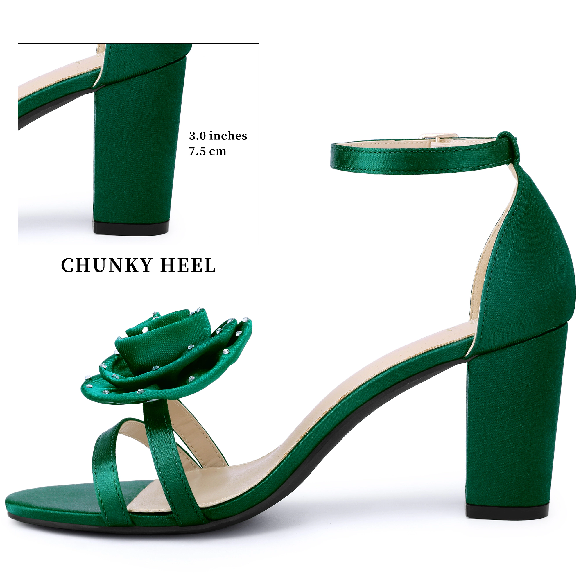 BLISSFUL STEP Women's Wedding Flower Ankle Strap Chunky Heel Sandals