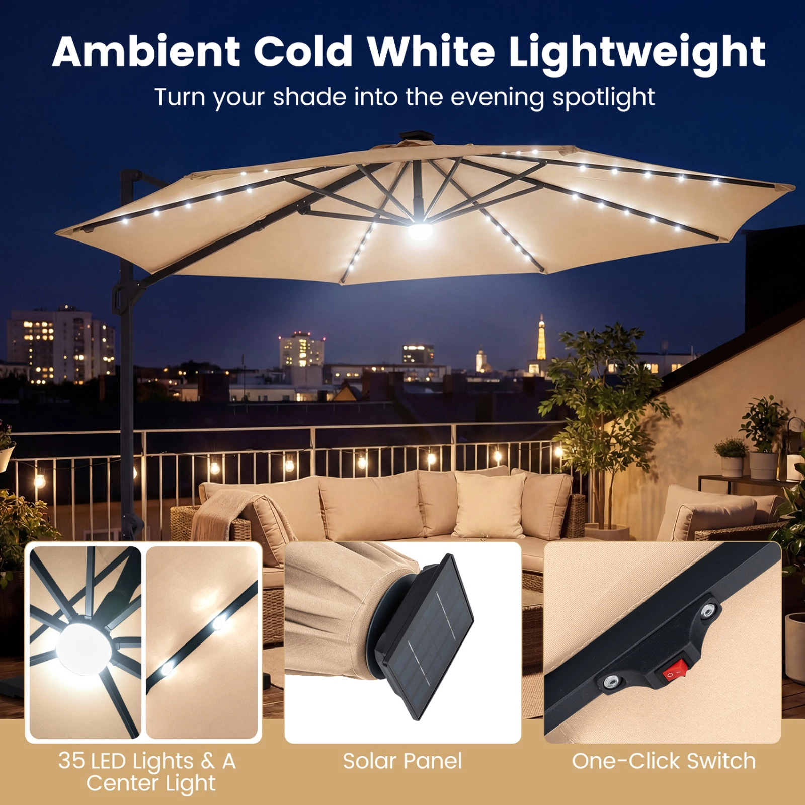 SUGIFT 10-ft Solar LED Cantilever Patio Umbrella with 360° Rotation and 6-Level Tilt 40 x 40-in Cross Base Beige