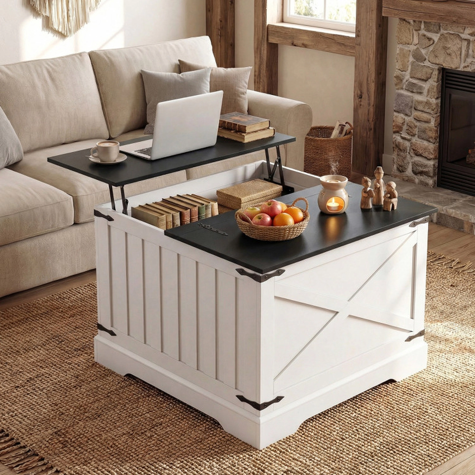 SUGIFT 31.5-in Square Black Farmhouse Hydraulic Lift Top Coffee Table with Flip-Top Hidden Compartment