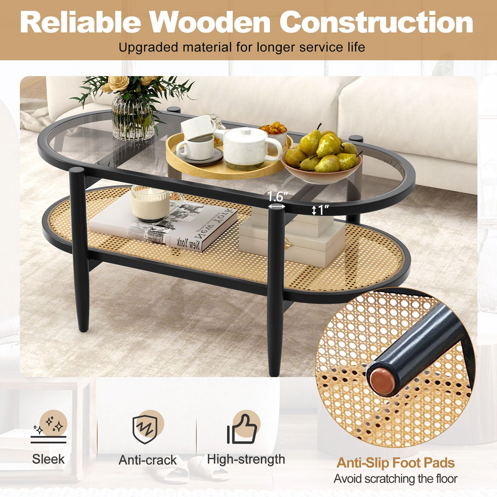 SlickBlue 2-Tier Coffee Table with Glass Top and Wood Frame