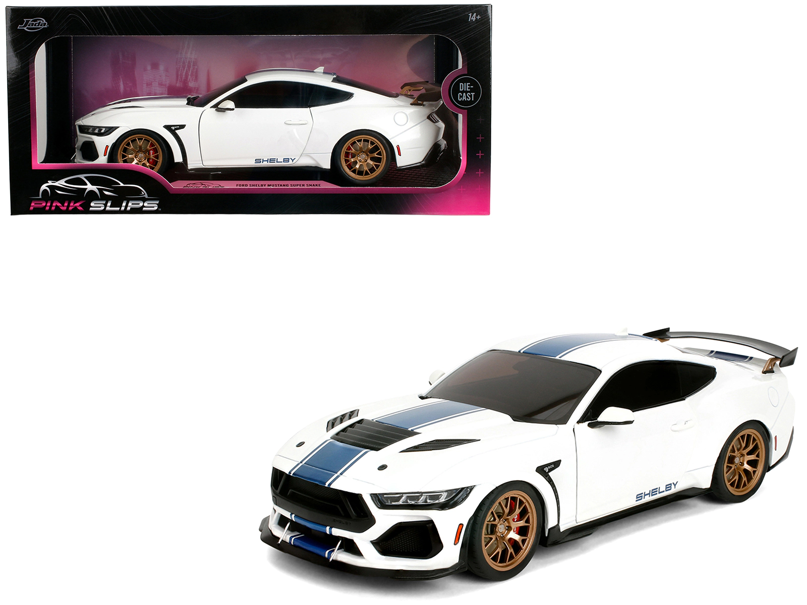 Jada Ford Mustang Shelby Super Snake White Metallic with Blue Stripes and Gold Wheels "Pink Slips" Series 1/18